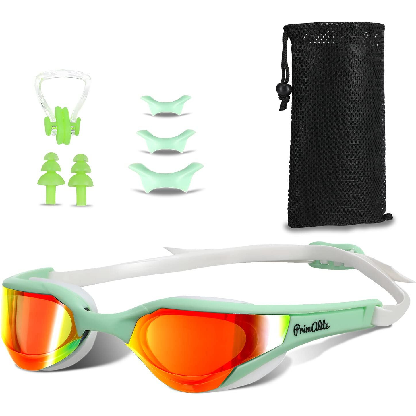 Primalite Swimming Goggles Mirrored- 3 Sizes Replaceable Nose Bridge | Anti-Fog, UV Protection for Adults Men Women- Free Nose Clip, Ear Plugs, Mesh Bag- No Leaking, Adjustable Strap, Wide View- Green
