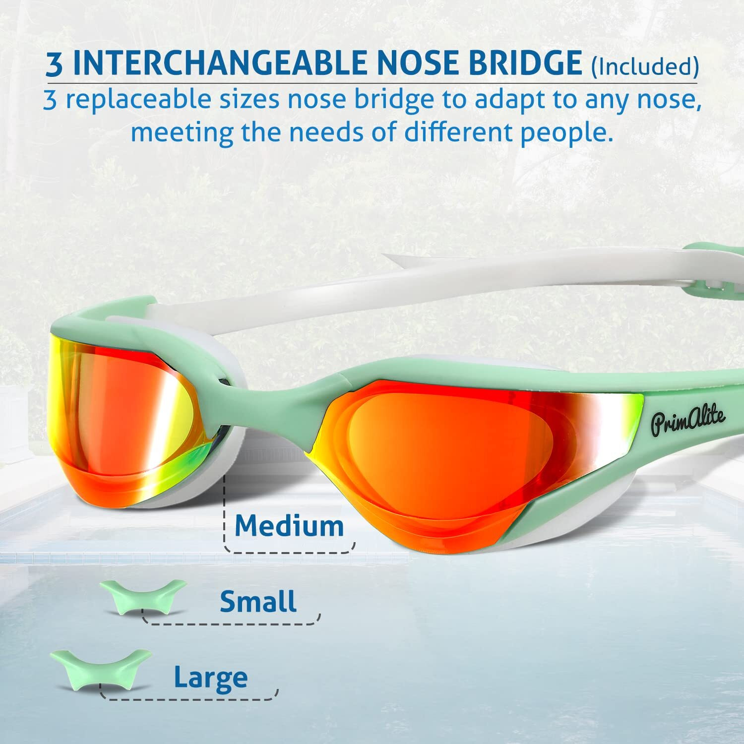 Primalite Swimming Goggles Mirrored- 3 Sizes Replaceable Nose Bridge | Anti-Fog, UV Protection for Adults Men Women- Free Nose Clip, Ear Plugs, Mesh Bag- No Leaking, Adjustable Strap, Wide View- Green