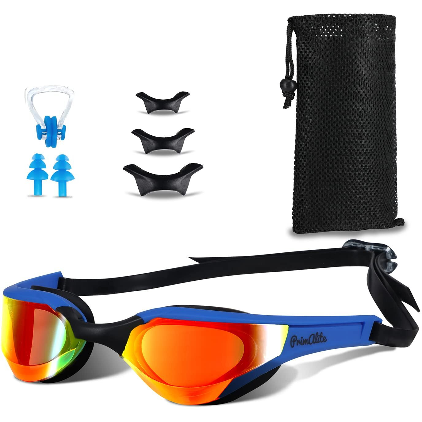 Primalite Swimming Goggles Mirrored-3 Sizes Replaceable Nose Bridge|Anti-Fog,Uv Protection For Adults Men Women-Free Nose Clip,Ear Plugs,Mesh Bag-No Leaking,Adjustable Strap,Wide View-Dark Blue