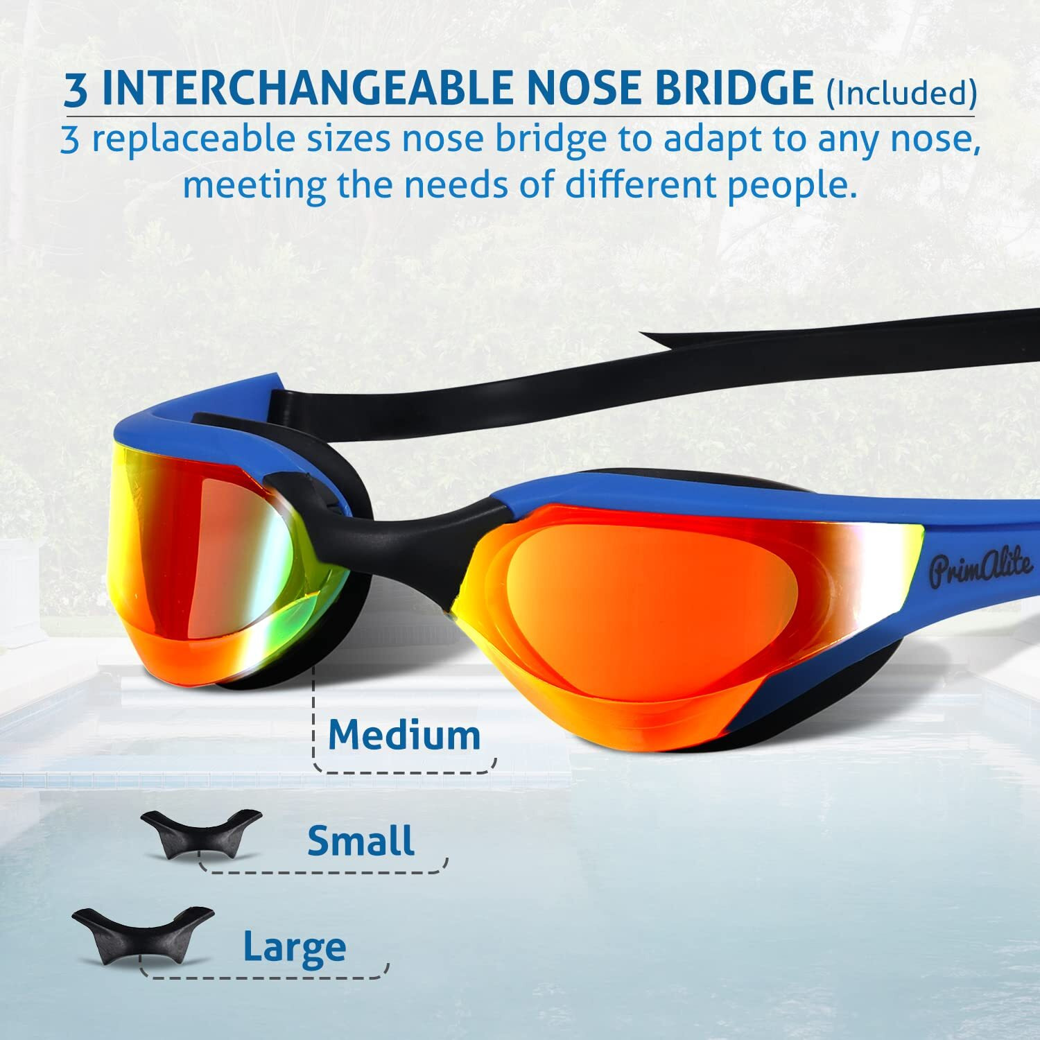 Primalite Swimming Goggles Mirrored-3 Sizes Replaceable Nose Bridge|Anti-Fog,Uv Protection For Adults Men Women-Free Nose Clip,Ear Plugs,Mesh Bag-No Leaking,Adjustable Strap,Wide View-Dark Blue
