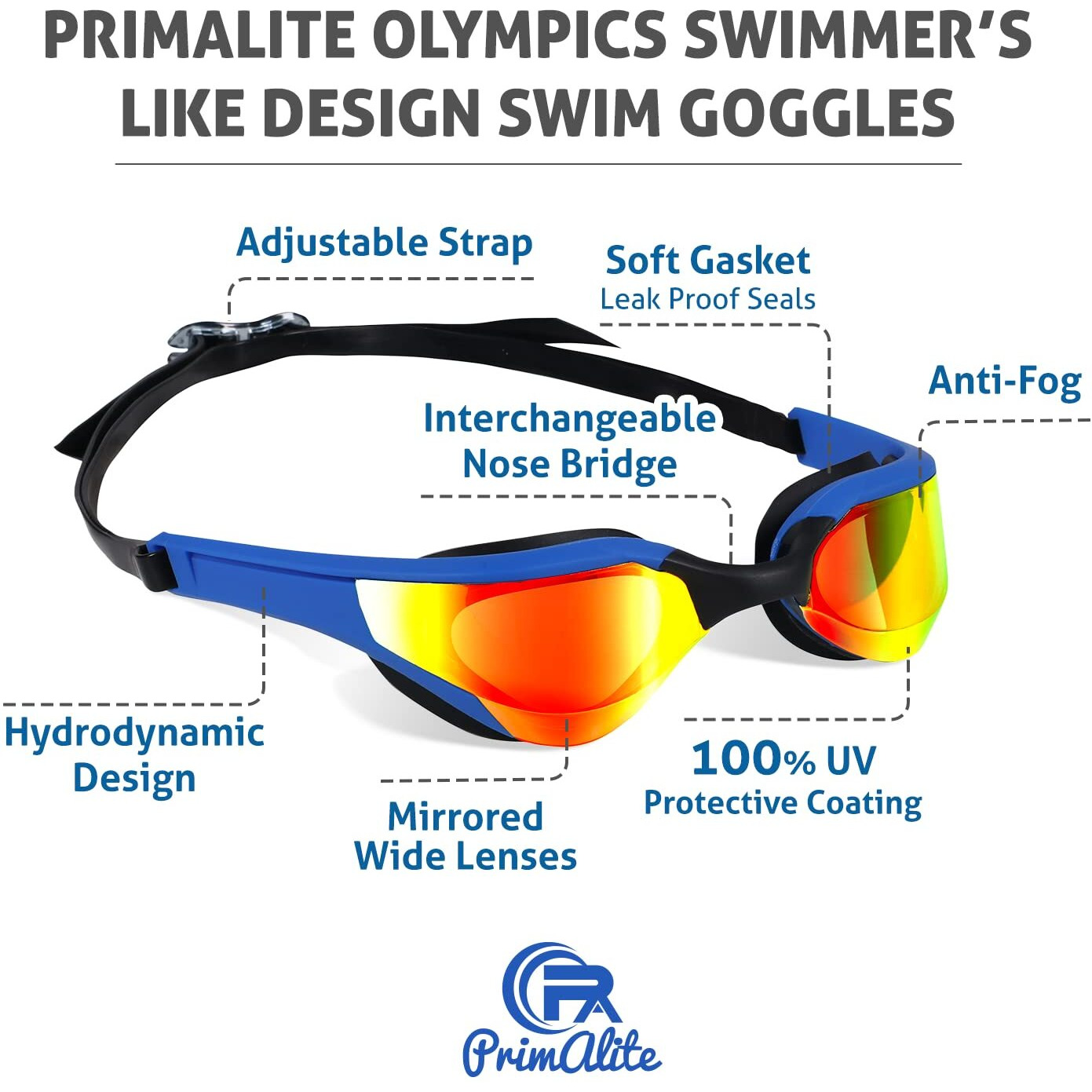Primalite Swimming Goggles Mirrored-3 Sizes Replaceable Nose Bridge|Anti-Fog,Uv Protection For Adults Men Women-Free Nose Clip,Ear Plugs,Mesh Bag-No Leaking,Adjustable Strap,Wide View-Dark Blue