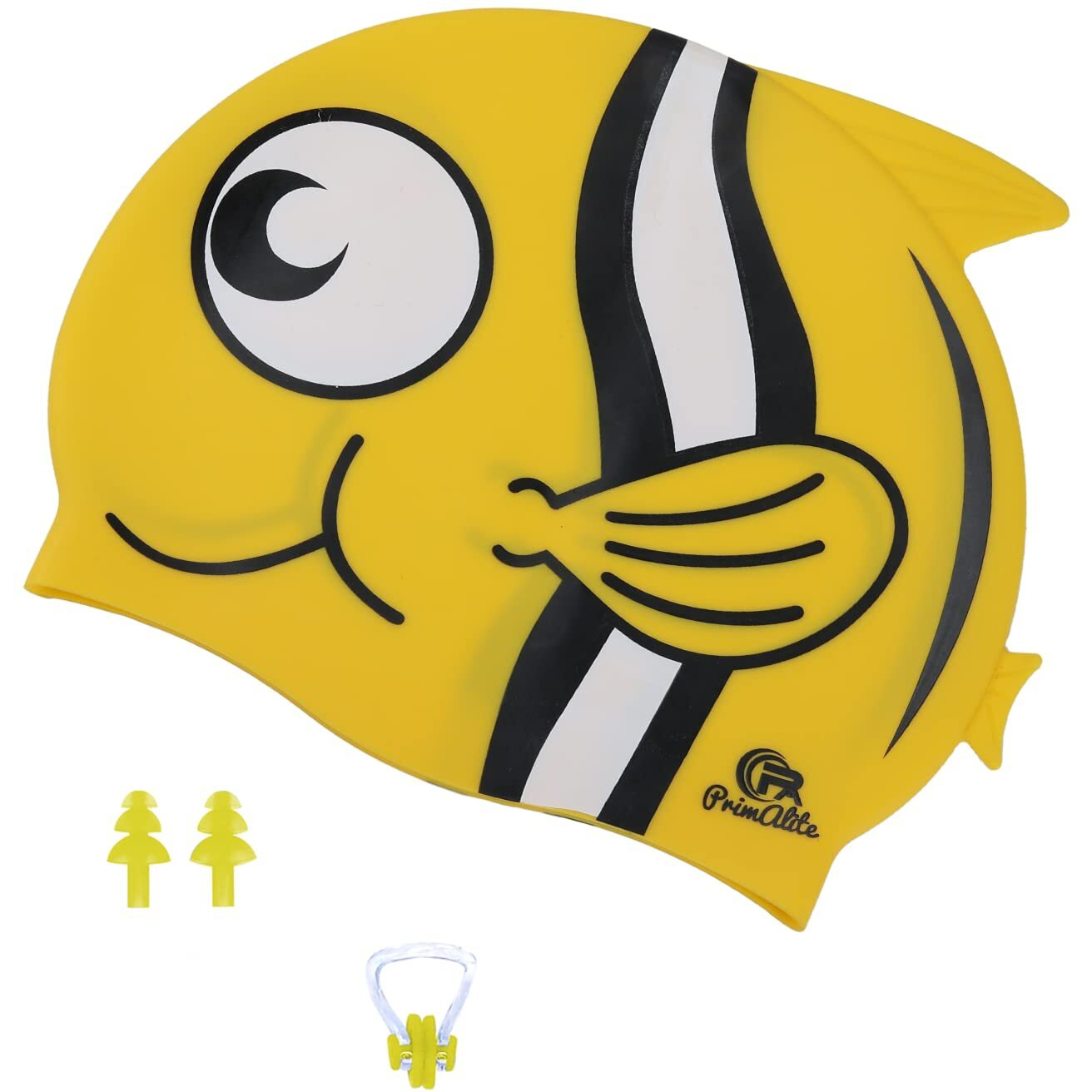 Primalite Swim Caps for Kids- Aged 3-12, Happy Fish Cartoon Design, Silicone Waterproof Comfy Bathing Cap Swimming Hat for Long & Short Hair, Waterproof Stretchy for Children, Boys & Girls- Yellow