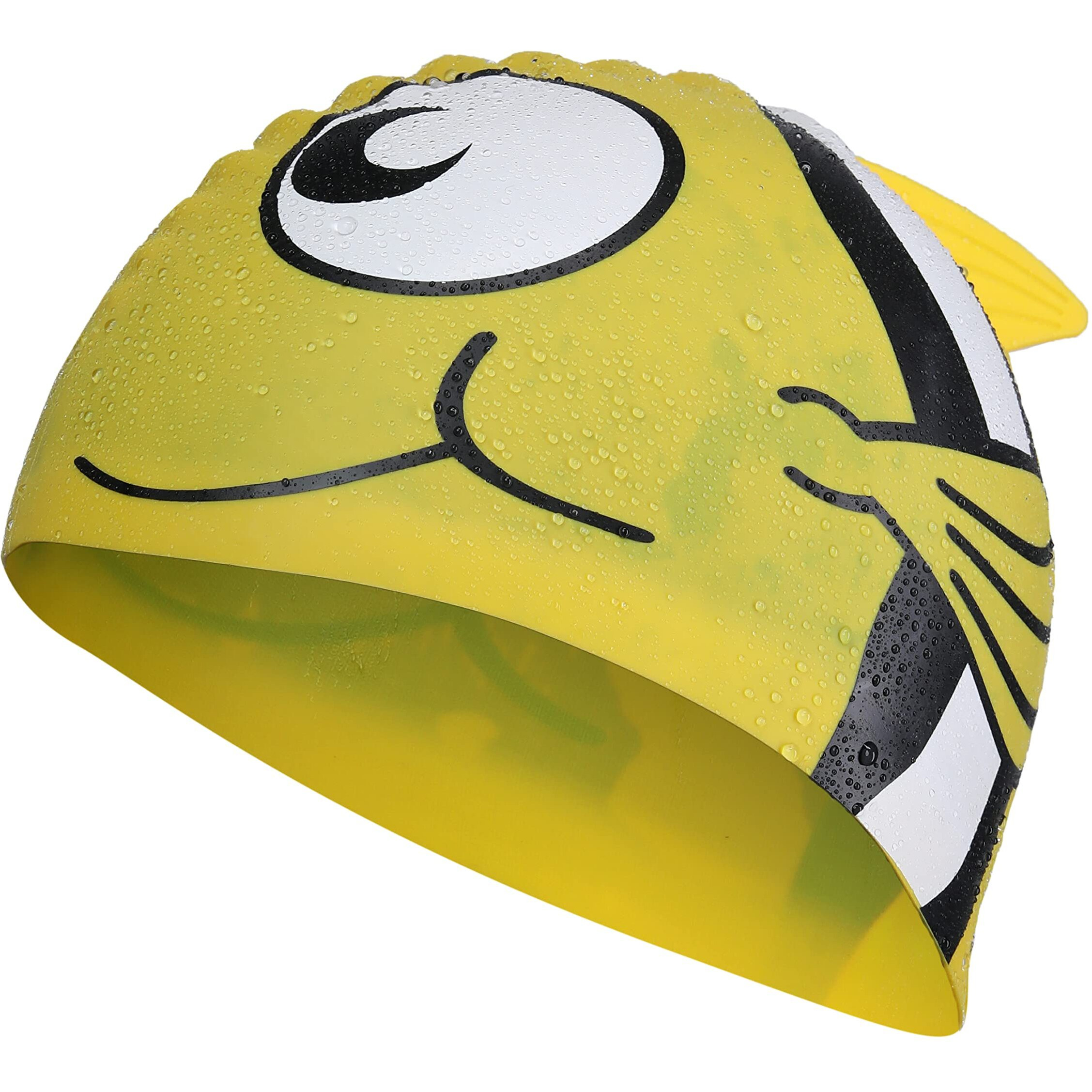 Primalite Swim Caps for Kids- Aged 3-12, Happy Fish Cartoon Design, Silicone Waterproof Comfy Bathing Cap Swimming Hat for Long & Short Hair, Waterproof Stretchy for Children, Boys & Girls- Yellow