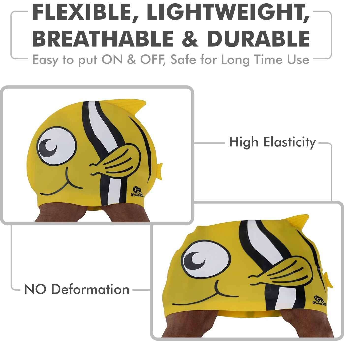 Primalite Swim Caps for Kids- Aged 3-12, Happy Fish Cartoon Design, Silicone Waterproof Comfy Bathing Cap Swimming Hat for Long & Short Hair, Waterproof Stretchy for Children, Boys & Girls- Yellow