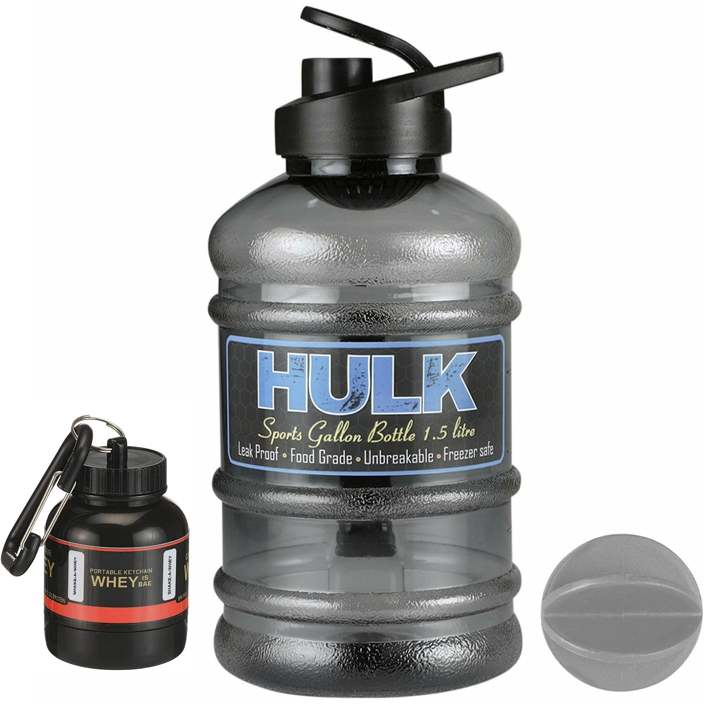 DOVEAZ Gym Water Gallon with Protein Funnel & Container with Key-Chain | Gym Bottles for Men | Gym Bottle | HULK Gym Gallon | Gallon Bottle for Gym | 1500 Ml Gallon (Black)