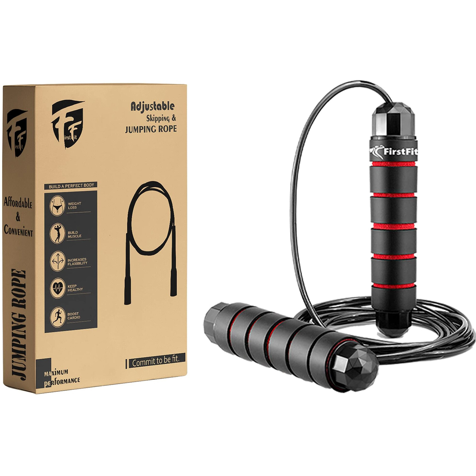 FirstFit Polyvinyl Chloride Jump Rope Tangle-Free Rapid Speed Jumping Rope Cable with Ball Bearings for Women, Men, and Kids, Adjustable Steel Skipping Rope with Foam Handles, Black & Red