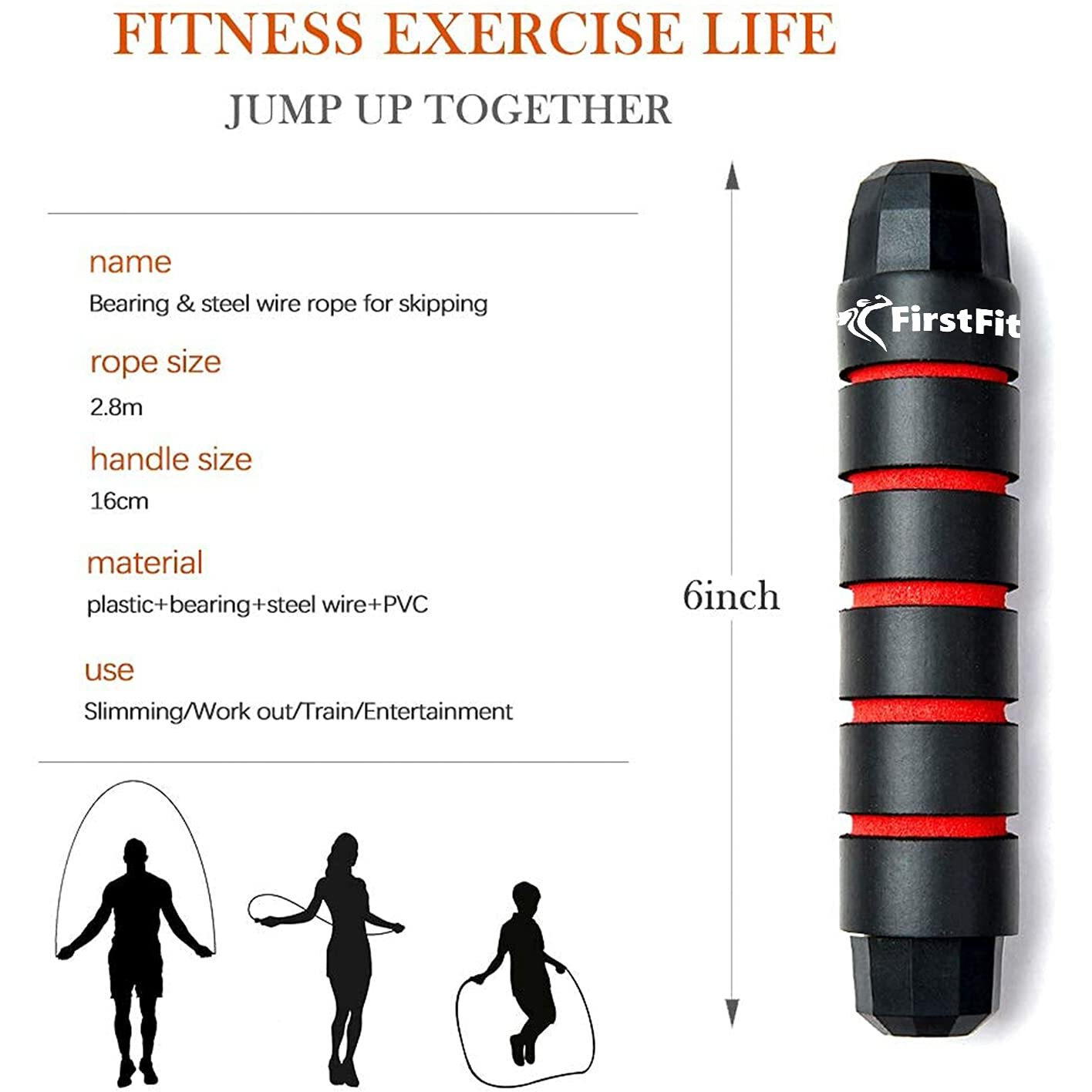 FirstFit Polyvinyl Chloride Jump Rope Tangle-Free Rapid Speed Jumping Rope Cable with Ball Bearings for Women, Men, and Kids, Adjustable Steel Skipping Rope with Foam Handles, Black & Red