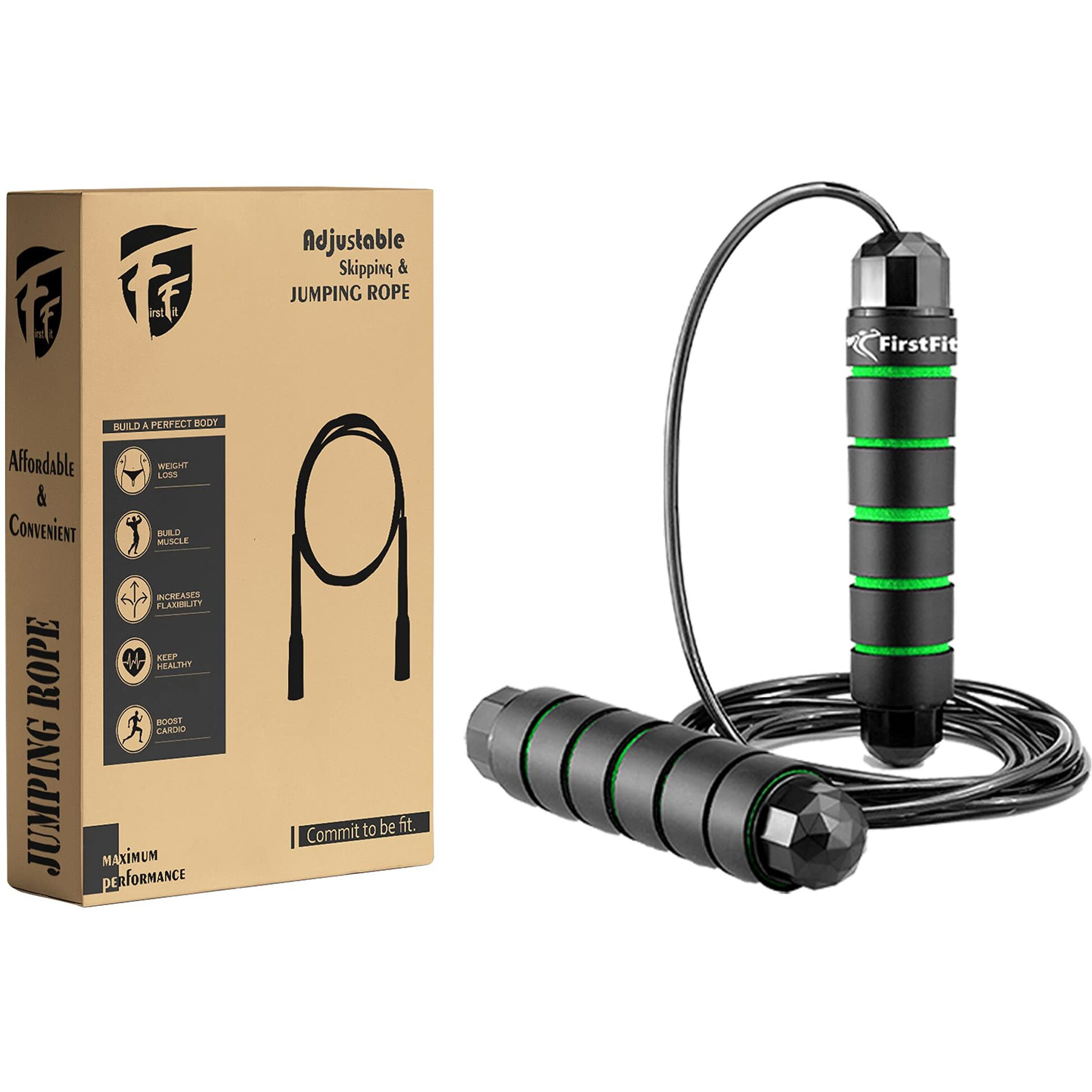 FirstFit Jump Rope Tangle-Free Rapid Speed Jumping Rope Cable with Ball Bearings for Women, Men, and Kids, Adjustable Steel Skipping Rope with Foam Handles for Gym Fitness - Black & Green