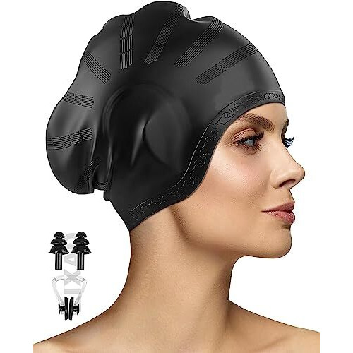 ZIXAD Latest Designed Long Hair Swim Cap,Waterproof Silicone Swimming Cap for Adult Woman and Men,Keeps Hair Clean with Ear Protector Fresh Long Lasting Silicone Made Waterproof Swimming Cap (Black)