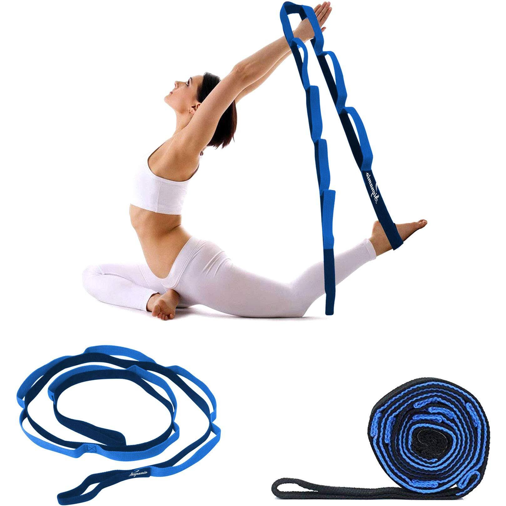 Signamio Strap Stretch Bands Belt 12 Loop Options with Extra Safe Adjustable, Durable Delicate Texture - Best for Daily Stretching, Physical Therapy, Fitness -Yoga, Exercise, Gym- 10 Loop-Blue-Black