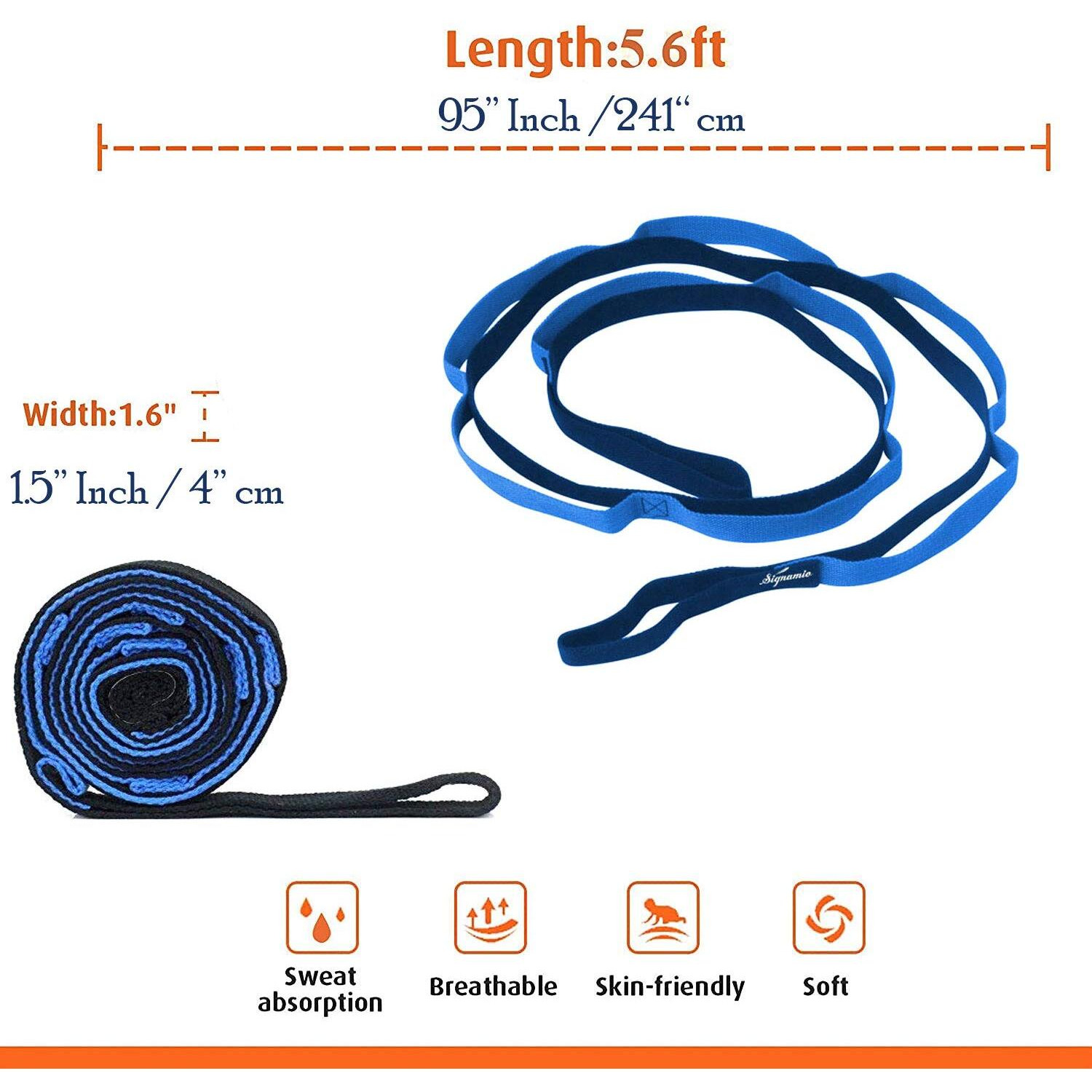 Signamio Strap Stretch Bands Belt 12 Loop Options with Extra Safe Adjustable, Durable Delicate Texture - Best for Daily Stretching, Physical Therapy, Fitness -Yoga, Exercise, Gym- 10 Loop-Blue-Black