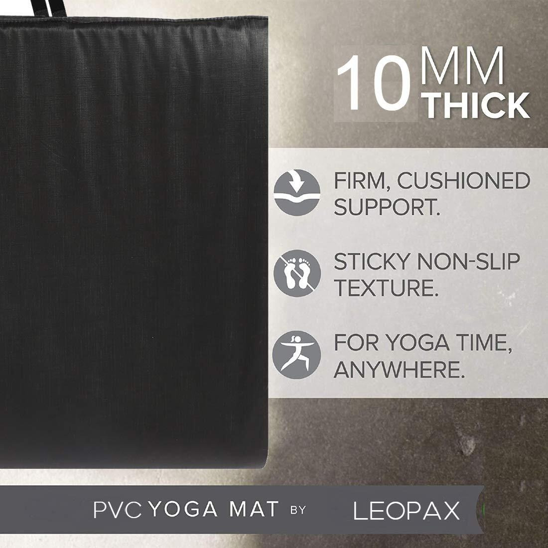 Olivio Premium 10mm PVC Leather Yoga Mat | Extra Thick Yoga Mat for Exercise, Fitness & Meditation with Carrying Strap for Men & Women - Black (Professional Yoga Mat)