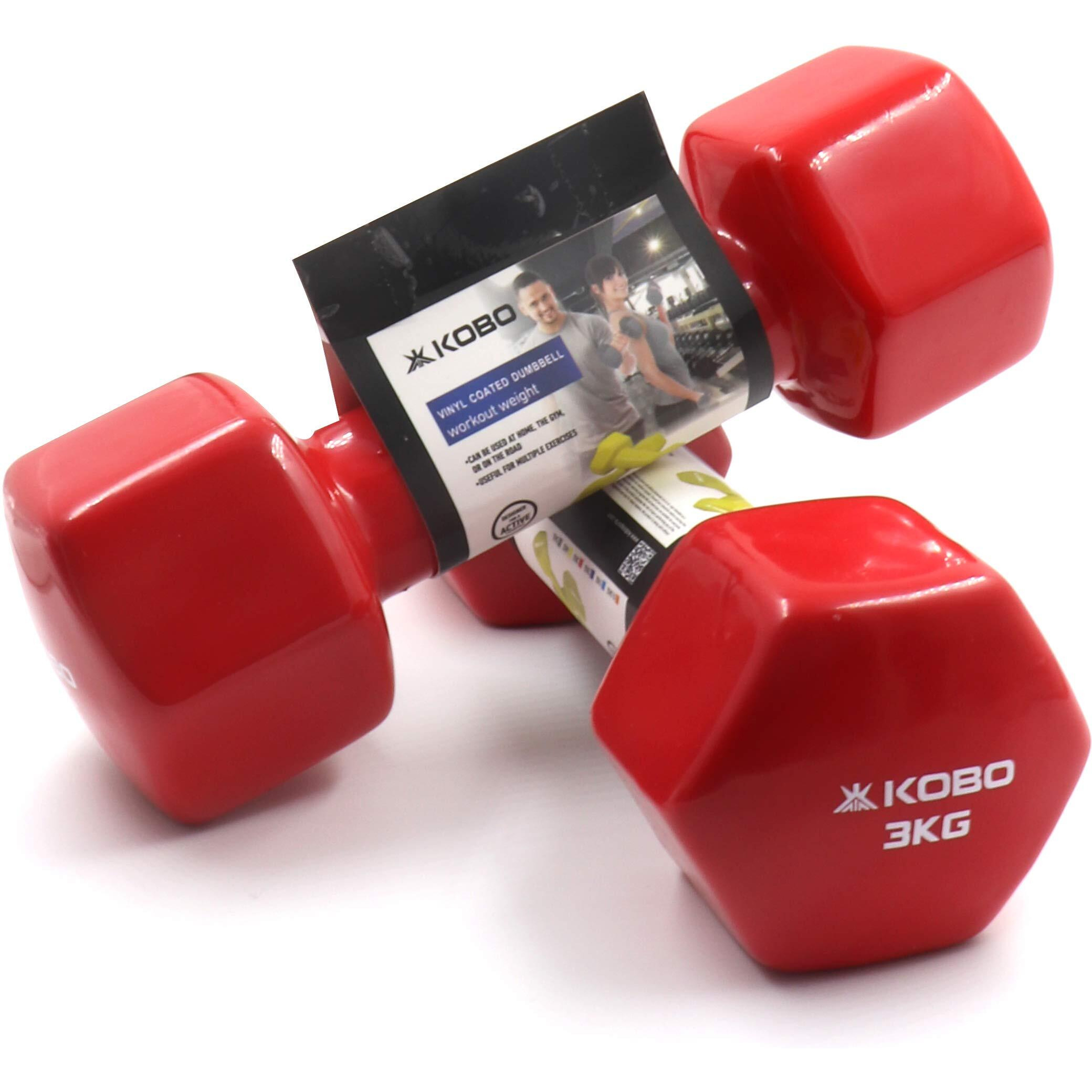 Kobo Vinyl Coated Iron Integrated Dumbbells Grippy Weights All-Purpose Color Coded Dumbbell for Strength Training (3 Kg x 2  6 kg) (Pair) (Red)
