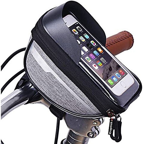Kraptick Waterproof Front Frame Bag for Mobile Phone with Plenty of Storage for Bicycle Accessories- Locks, Tools with Mobile Pouch for Phones Under 6.5 inch (Grey)