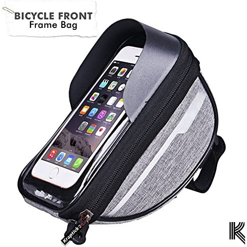 Kraptick Waterproof Front Frame Bag for Mobile Phone with Plenty of Storage for Bicycle Accessories- Locks, Tools with Mobile Pouch for Phones Under 6.5 inch (Grey)