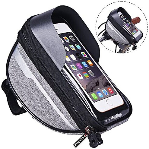 Kraptick Waterproof Front Frame Bag for Mobile Phone with Plenty of Storage for Bicycle Accessories- Locks, Tools with Mobile Pouch for Phones Under 6.5 inch (Grey)
