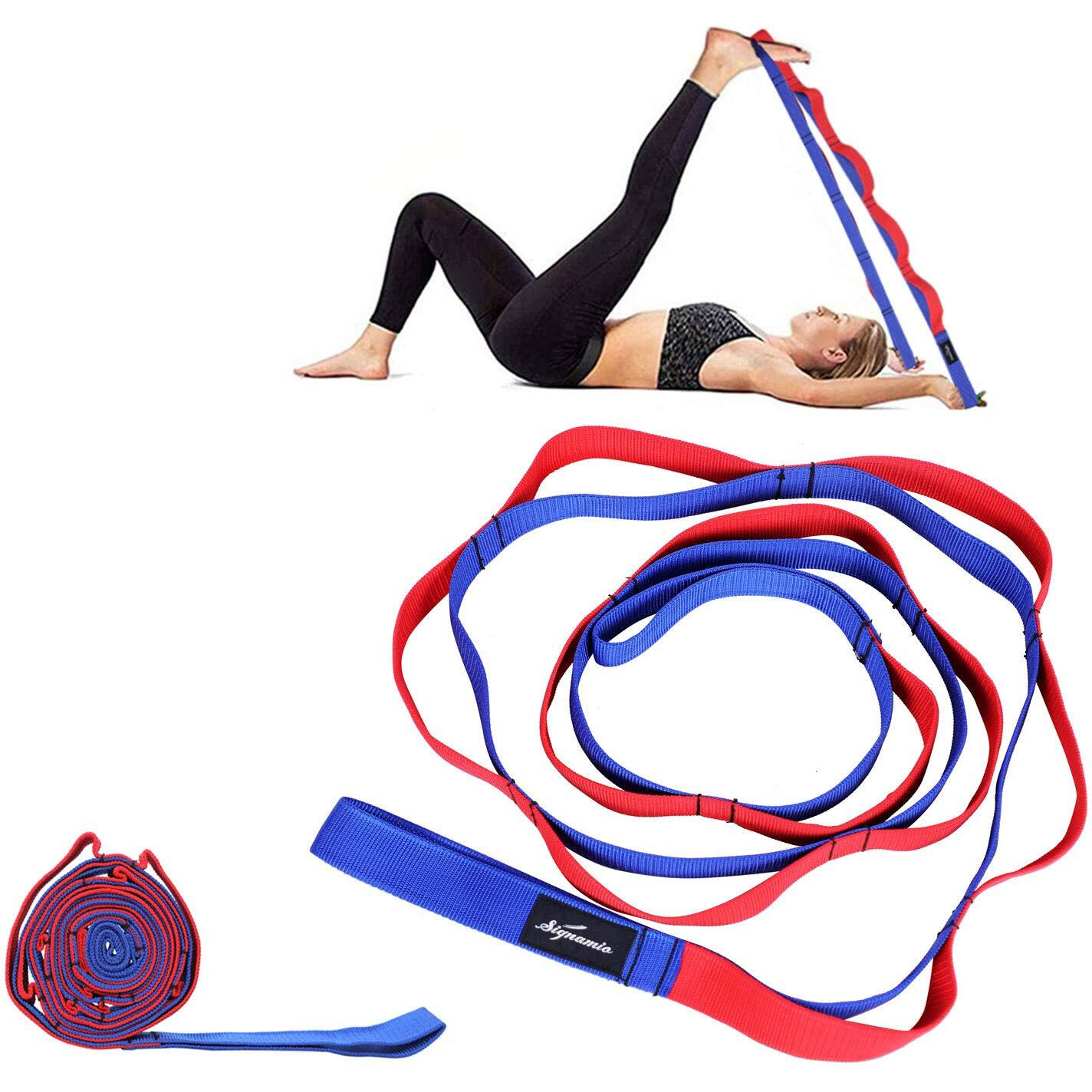 Signamio Strap Stretch Bands Belt 12 Loop Options with Extra Safe Adjustable, Durable Delicate Texture - Best for Daily Stretching, Physical Therapy, Fitness -Yoga, Exercise, Gym- 12 Loop-Blue-Red