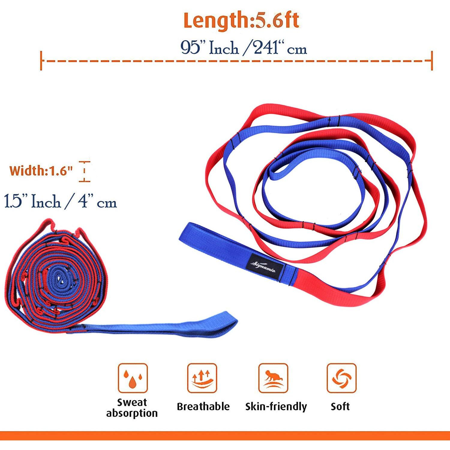 Signamio Strap Stretch Bands Belt 12 Loop Options with Extra Safe Adjustable, Durable Delicate Texture - Best for Daily Stretching, Physical Therapy, Fitness -Yoga, Exercise, Gym- 12 Loop-Blue-Red