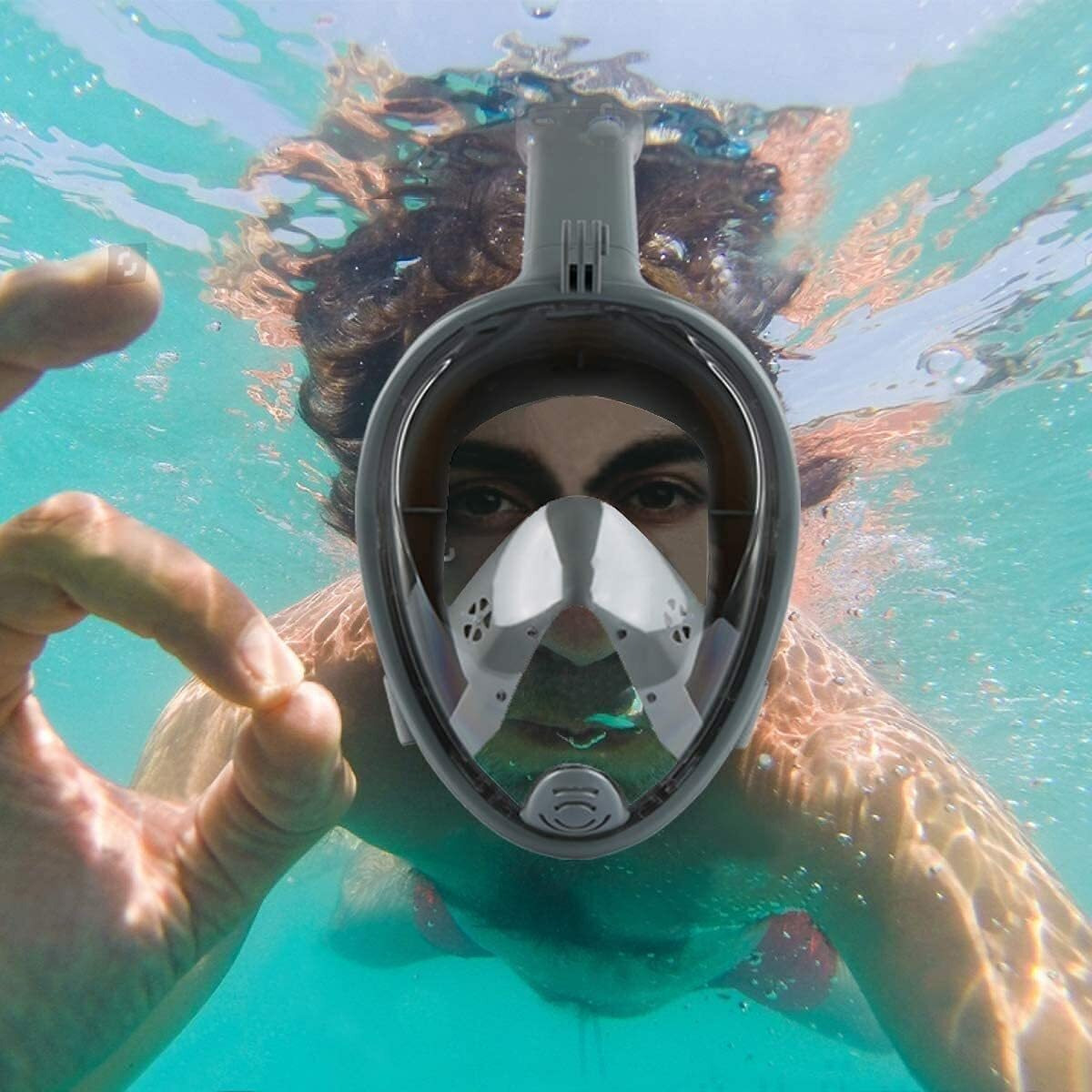 Delavala Full Face Snorkeling Mask Diving Gear - Latest Dry Top System,180 Degree Panoramic View Snorkeling Mask with Camera Mount,Safe Breathing,Anti-Leak Anti-Fog-Swim Fins (Grey - Small Medium)