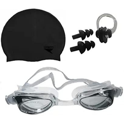 Drauss Swimming Kit Contain Anti Fog Swimming Goggle, 2 Ear Plugs, 1 Nose Clip and 100% Silicone Swimming Cap (Black)