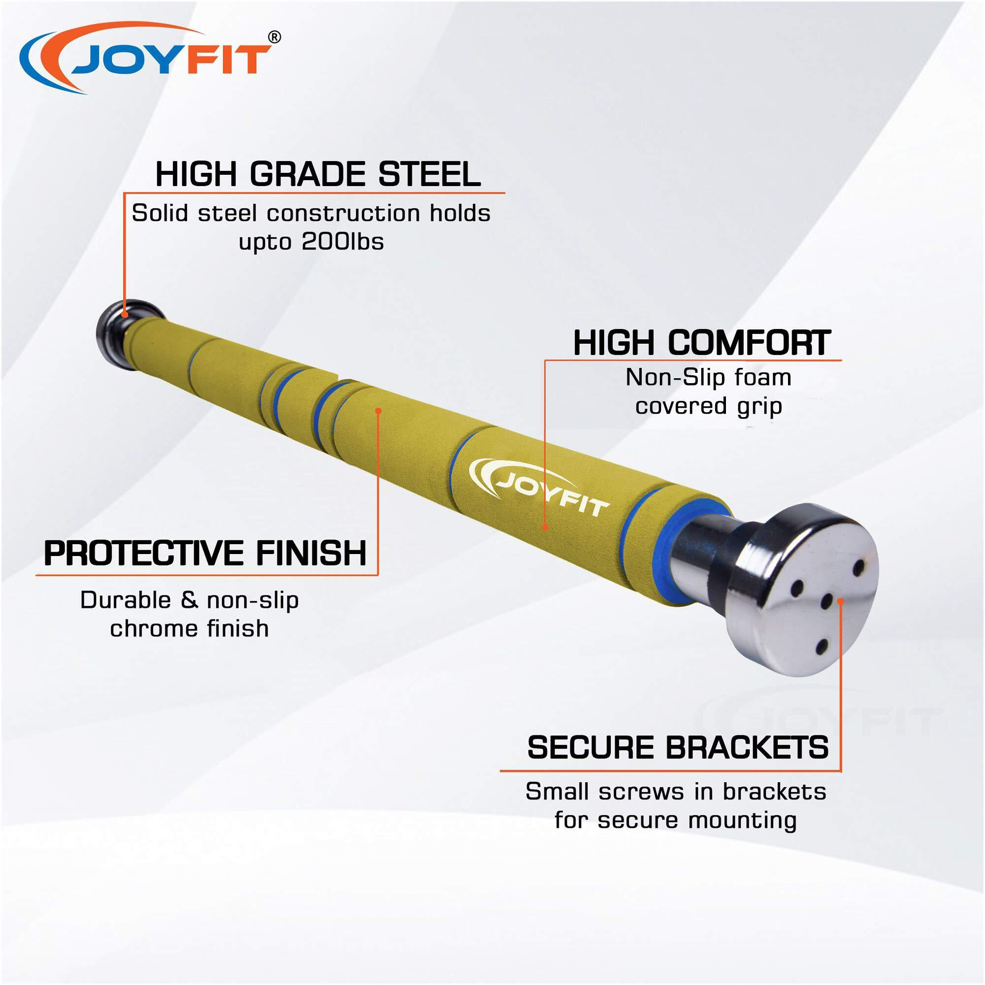 Joyfit Home Exercise Pull Up Bar|Door Safety Cap With Perfect Door Frame Fit|Chin up Bar with Easy Installation| Long Foam Grips for Upper & Lower Body Exercises for Men & Women (Yellow & Blue)