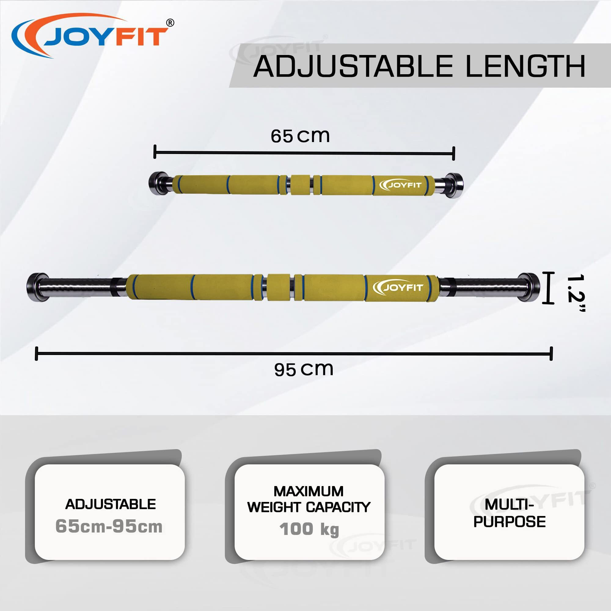 Joyfit Home Exercise Pull Up Bar|Door Safety Cap With Perfect Door Frame Fit|Chin up Bar with Easy Installation| Long Foam Grips for Upper & Lower Body Exercises for Men & Women (Yellow & Blue)