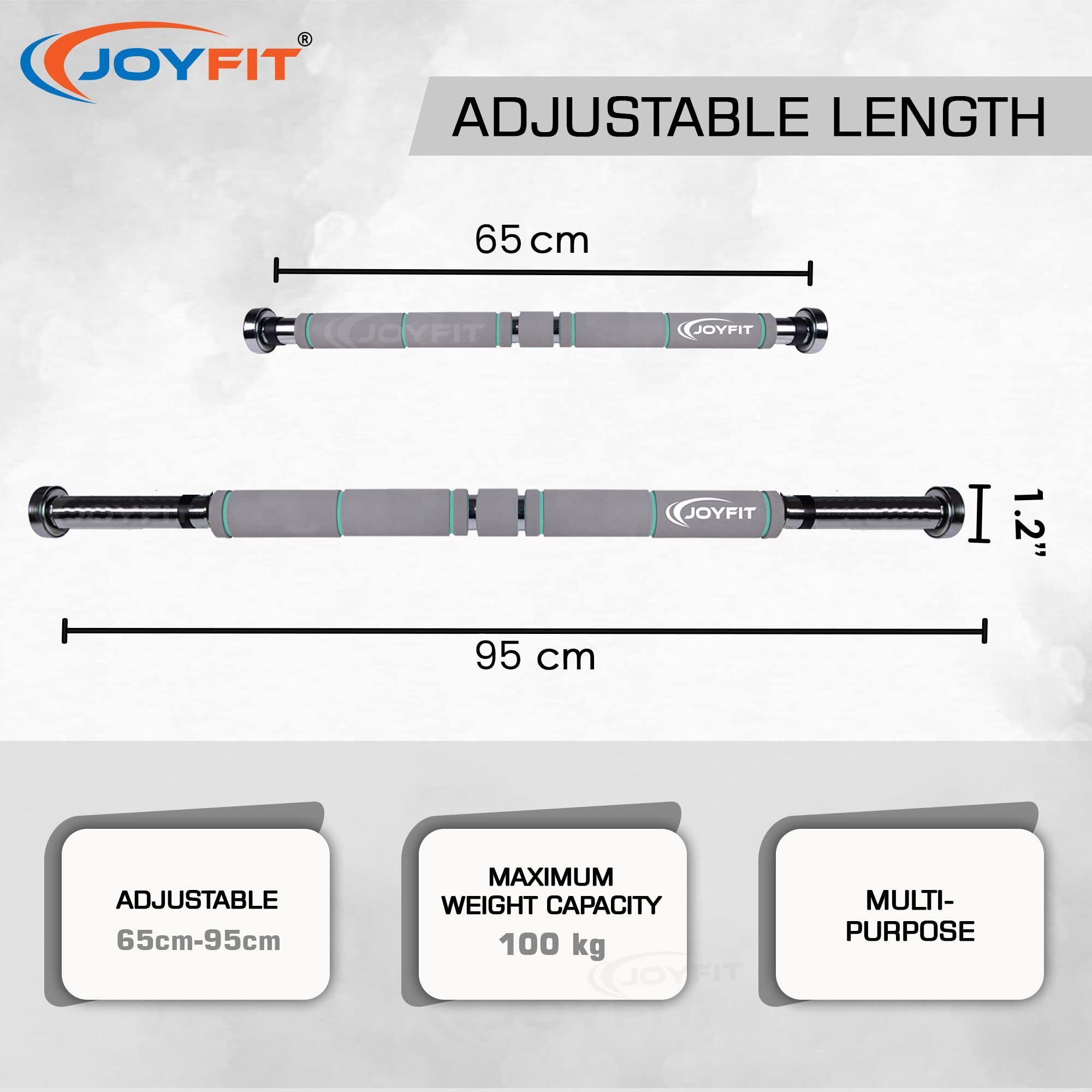 Joyfit Home Exercise Pull Up Bar|Door Safety Cap With Perfect Door Frame Fit|Chin up Bar with Easy Installation|Extra density Long Foam Grips for Upper & Lower Body Exercises for Men & Women