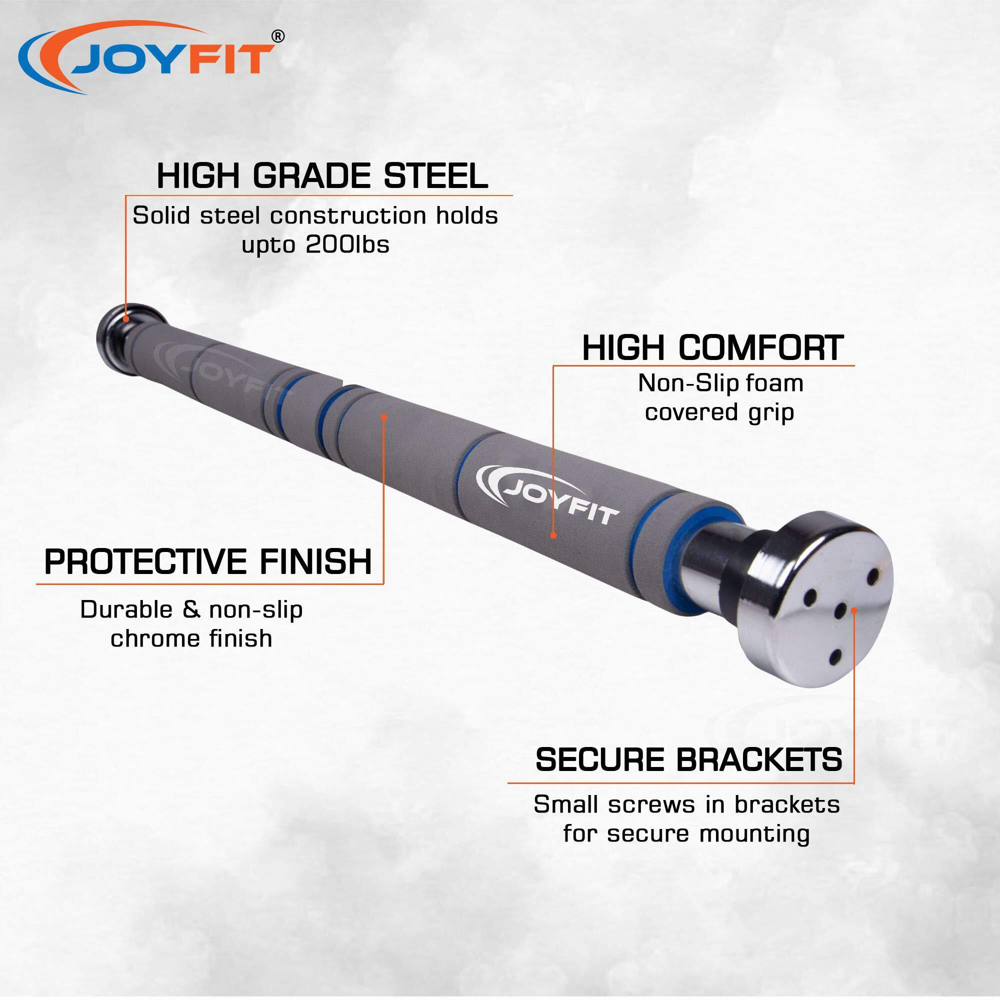 Joyfit Home Exercise Pull Up Bar|Door Safety Cap with Perfect Door Frame Fit|Chin up Bar with Easy Installation| Long Foam Grips for Upper & Lower Body Exercises for Men & Women (Grey & Green)
