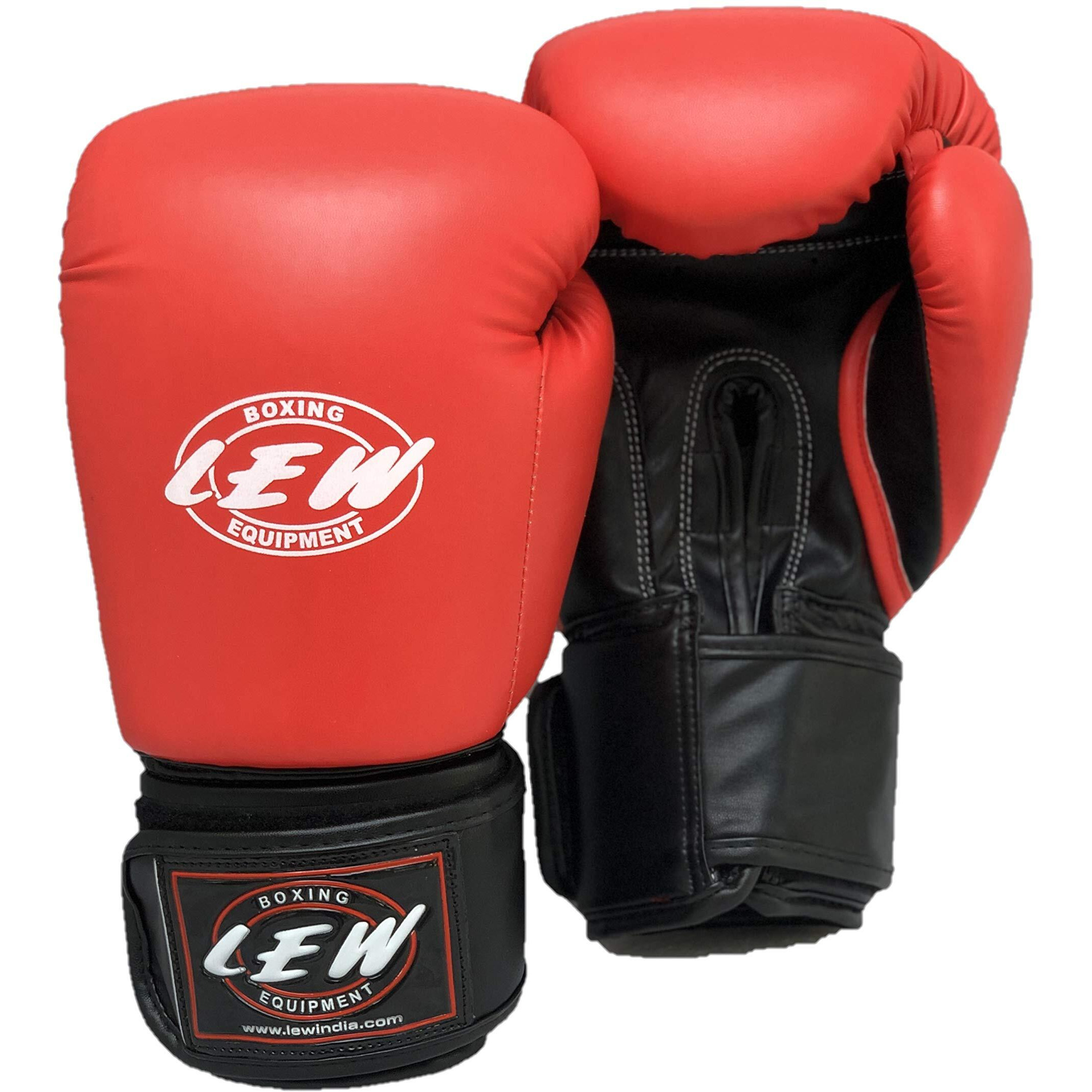 LEW Red Black Boxing Gloves for Training Muay Thai Punching Bag Sparring with a Pair of Hand Wraps (Red, 14 OZ)