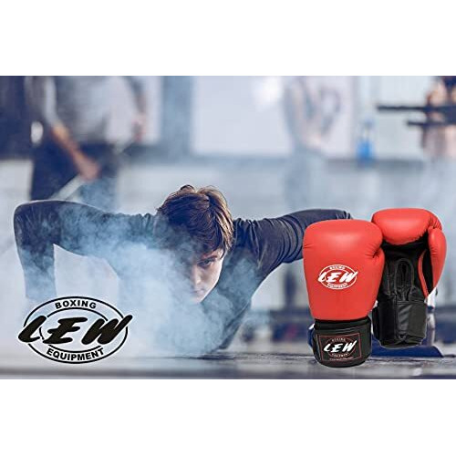 LEW Red Black Boxing Gloves for Training Muay Thai Punching Bag Sparring with a Pair of Hand Wraps (Red, 12 OZ)