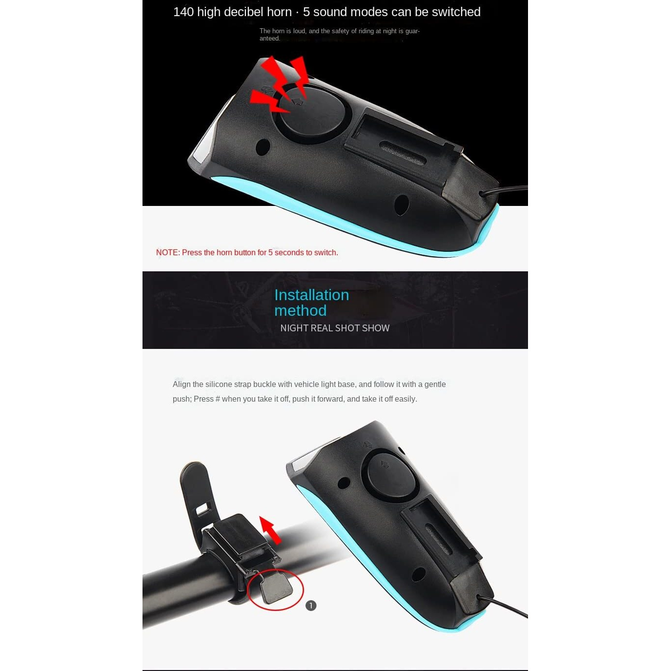 Linist USB Rechargeable Bicycle Horn and Light 140 Db Horn with 300 Lumens Light 3 Modes