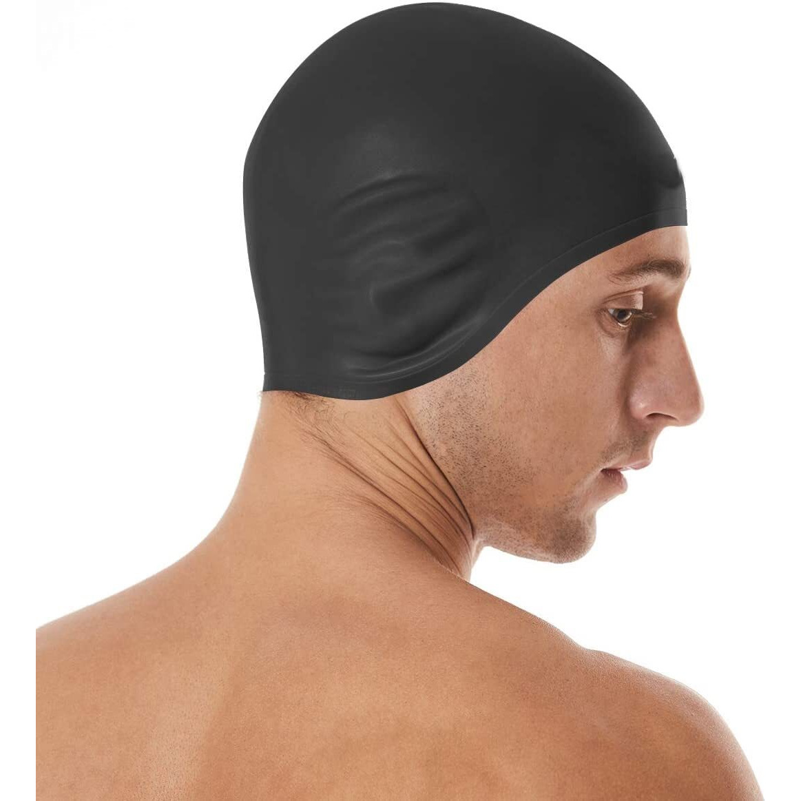 Amitasha Silicone Swimming Cap for Men & Women 3D Ergonomic Ear Protection Kids Swim Cap for Long or Short Hair (Black)
