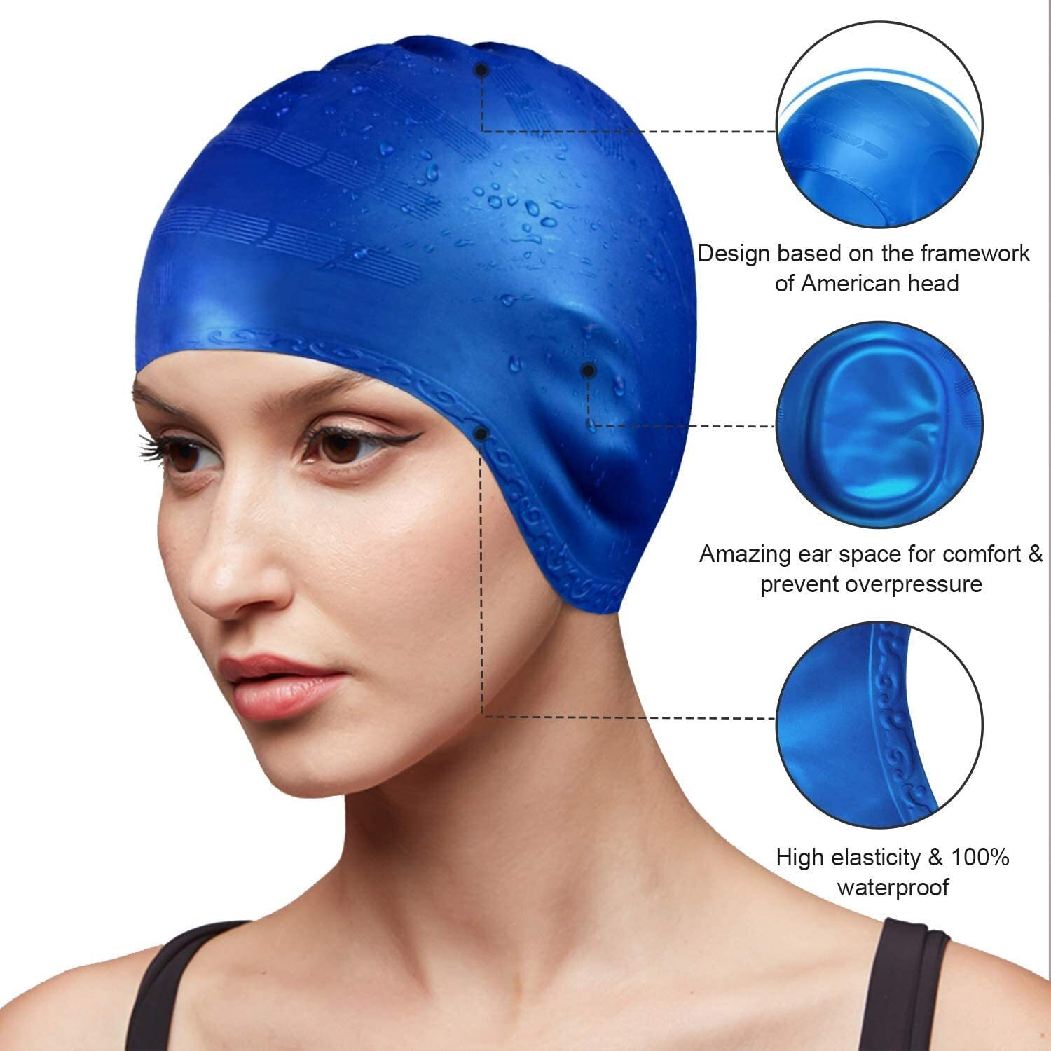 Amitasha Silicone Swimming Cap for Men & Women 3D Ergonomic Ear Protection Kids Swim Cap for Long or Short Hair (Black)