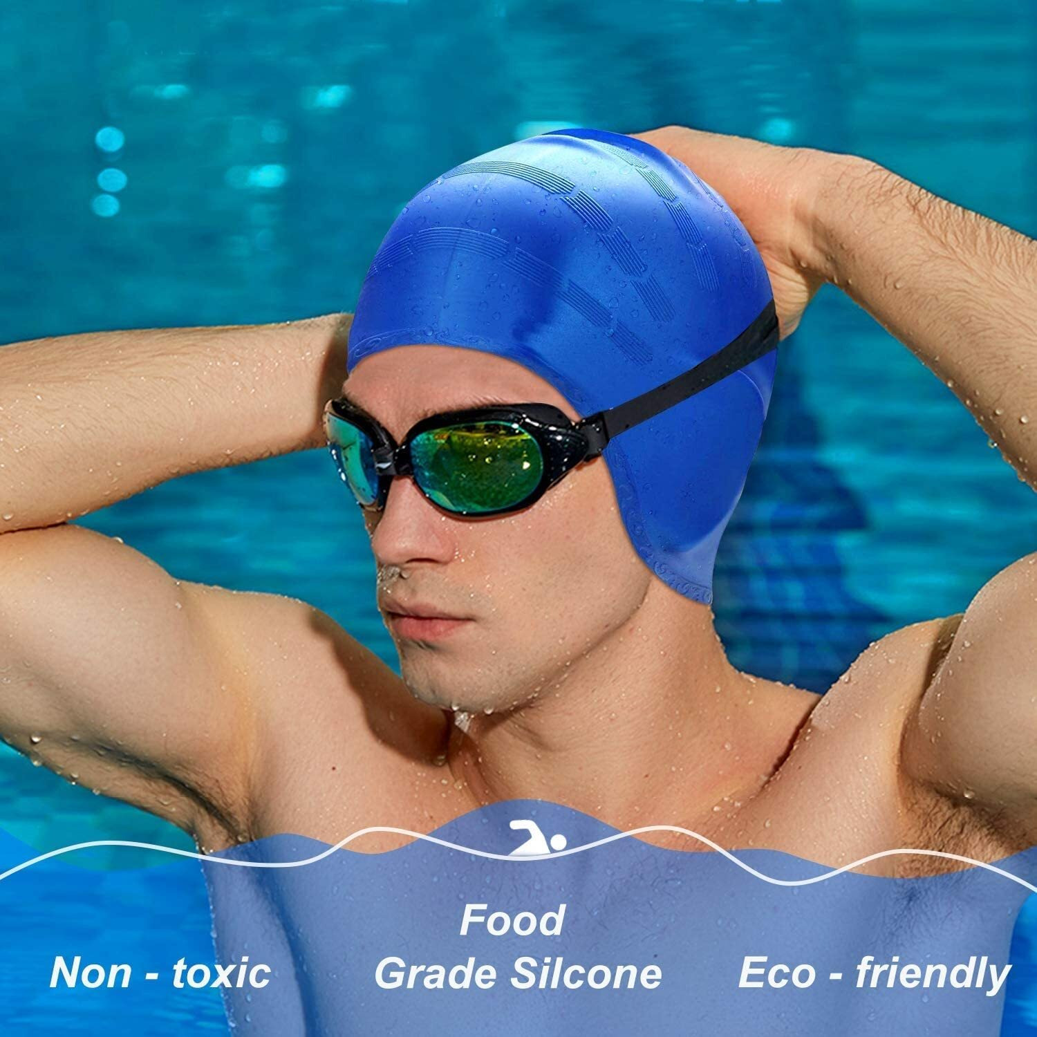 Amitasha Silicone Swimming Cap for Men & Women 3D Ergonomic Ear Protection Kids Swim Cap for Long or Short Hair (Black)