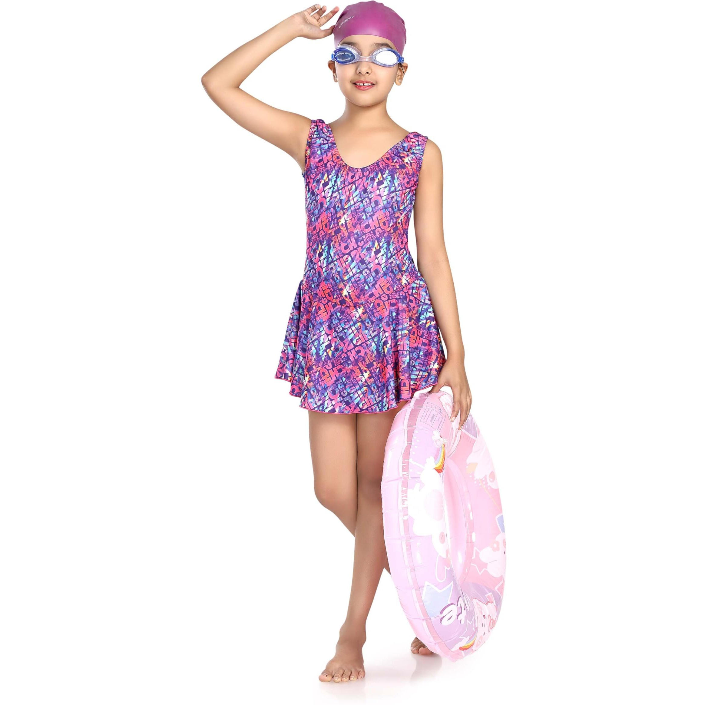 ROVARS Girls Swimming Kit with 1 Swimming Costume, 1 Swimming Goggles, 1 Silicone Swimming Cap & 1 Pair Ear Plugs & 1 Swimming Ring (Pink, 2-3 Years) - Wood