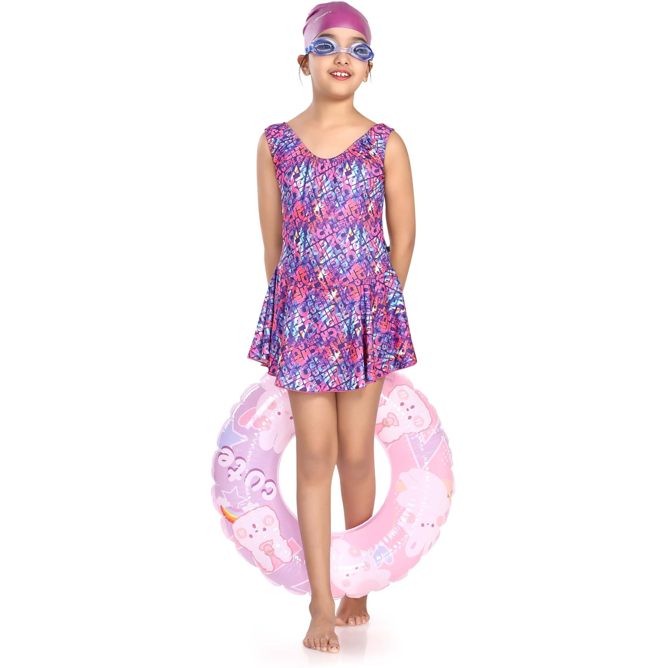 ROVARS Girls Swimming Kit with 1 Swimming Costume, 1 Swimming Goggles, 1 Silicone Swimming Cap & 1 Pair Ear Plugs & 1 Swimming Ring (Pink, 2-3 Years) - Wood