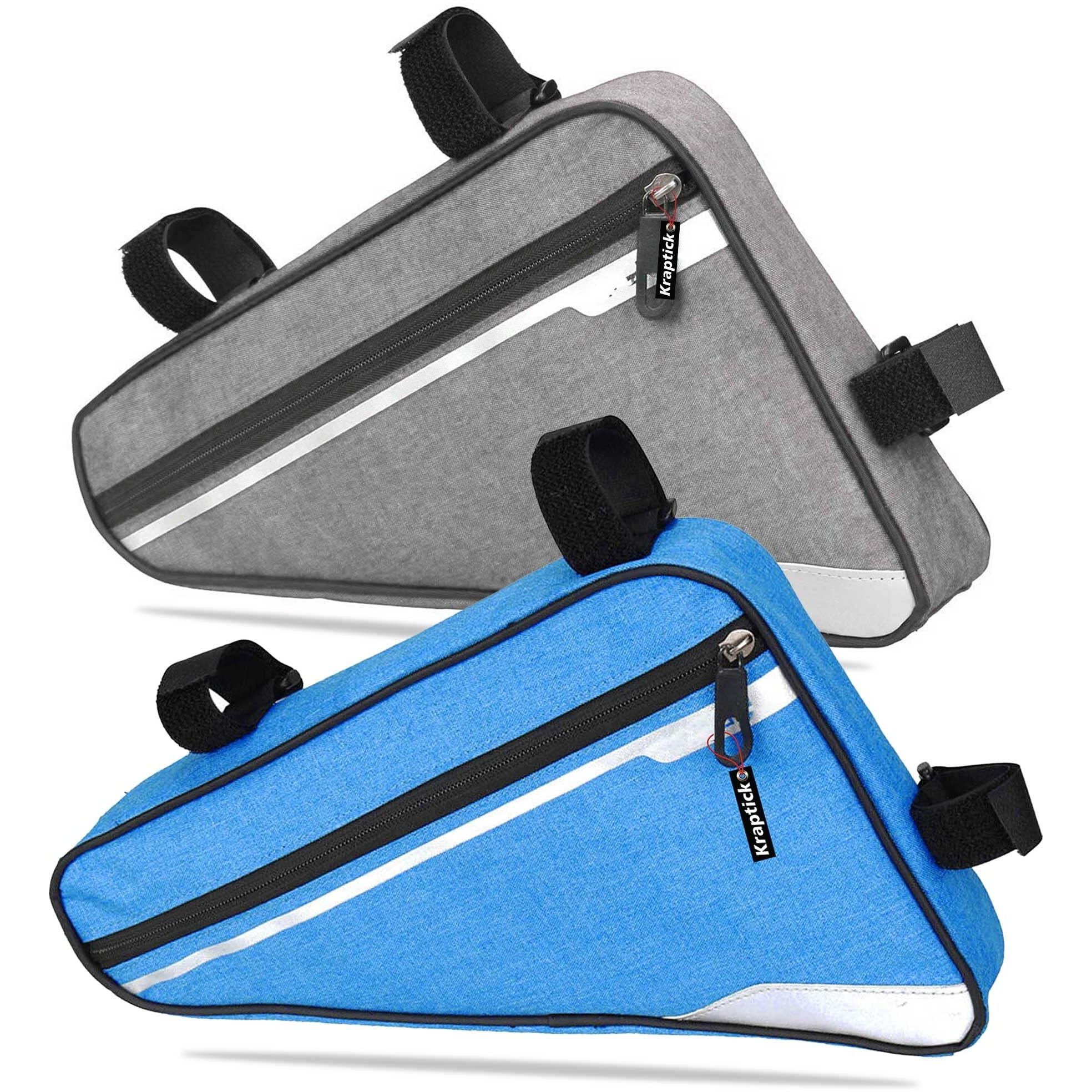 Kraptick Triangle Bike Bag [Waterproof]- Big Triangle Frame Bag for Bicycle, Cycle Accessories - Bike Pouch, Bike Bags with Reflective Straps and Plenty of Storage (Combo of - Grey & Blue)