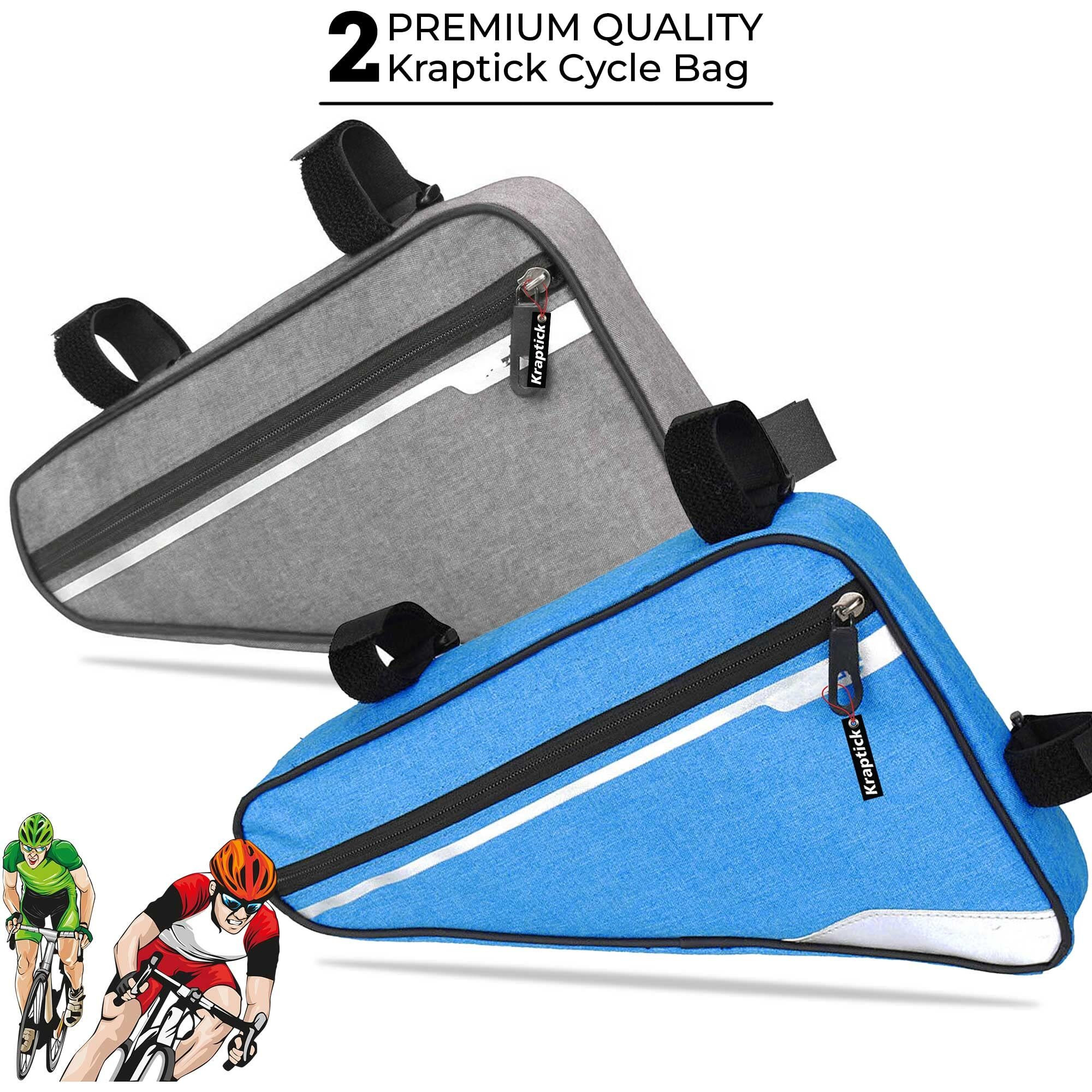 Kraptick Triangle Bike Bag [Waterproof]- Big Triangle Frame Bag for Bicycle, Cycle Accessories - Bike Pouch, Bike Bags with Reflective Straps and Plenty of Storage (Combo of - Grey & Blue)