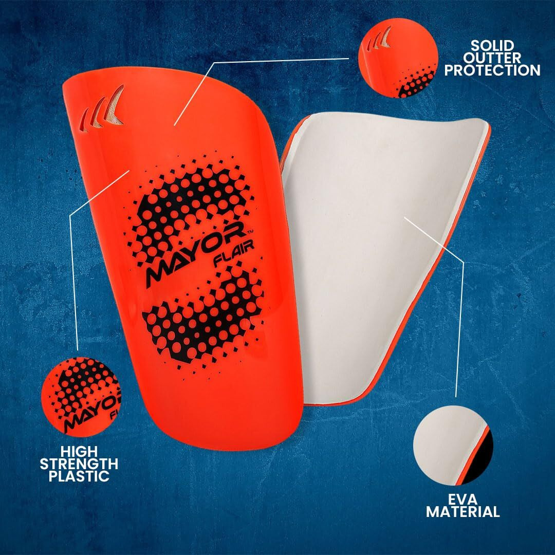 Mayor Flair Shin Guard for Young Kids and Adults, for Football Games, Matches, Training and Light Weight Shin Pads (Orange, Size- Large)