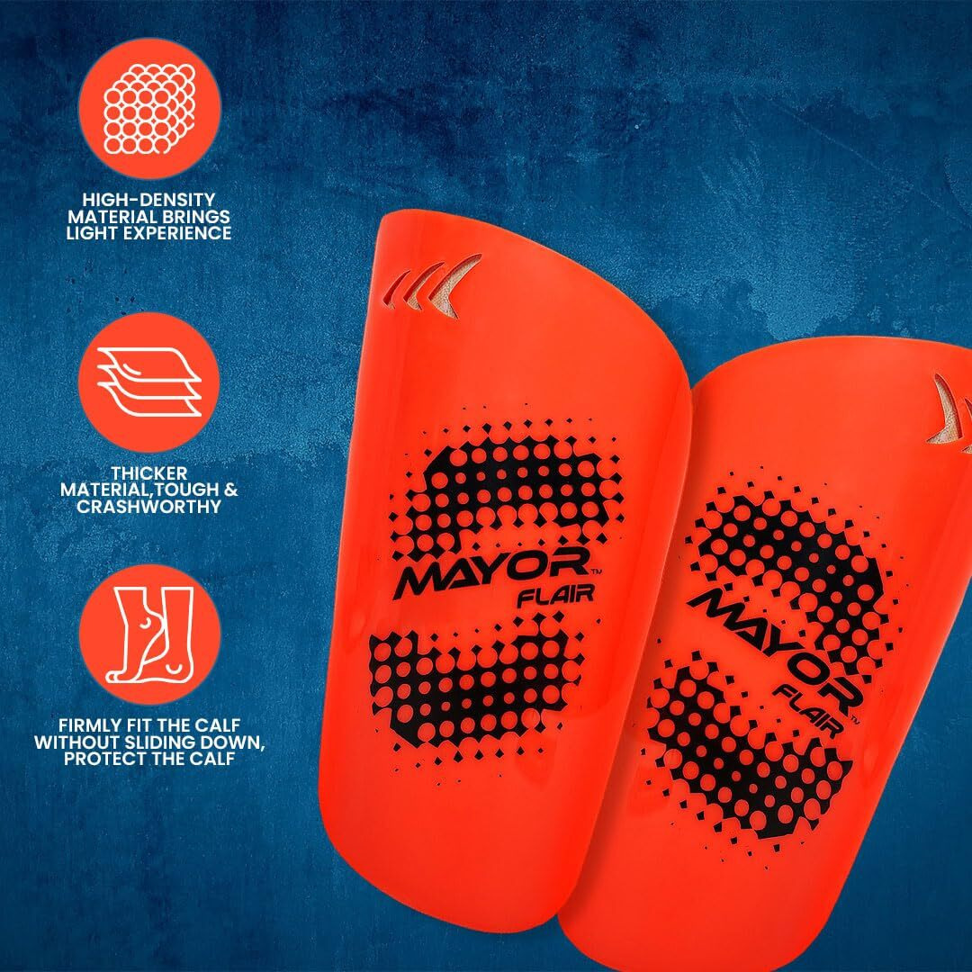 Mayor Flair Shin Guard for Young Kids and Adults, for Football Games, Matches, Training and Light Weight Shin Pads (Orange, Size- Large)