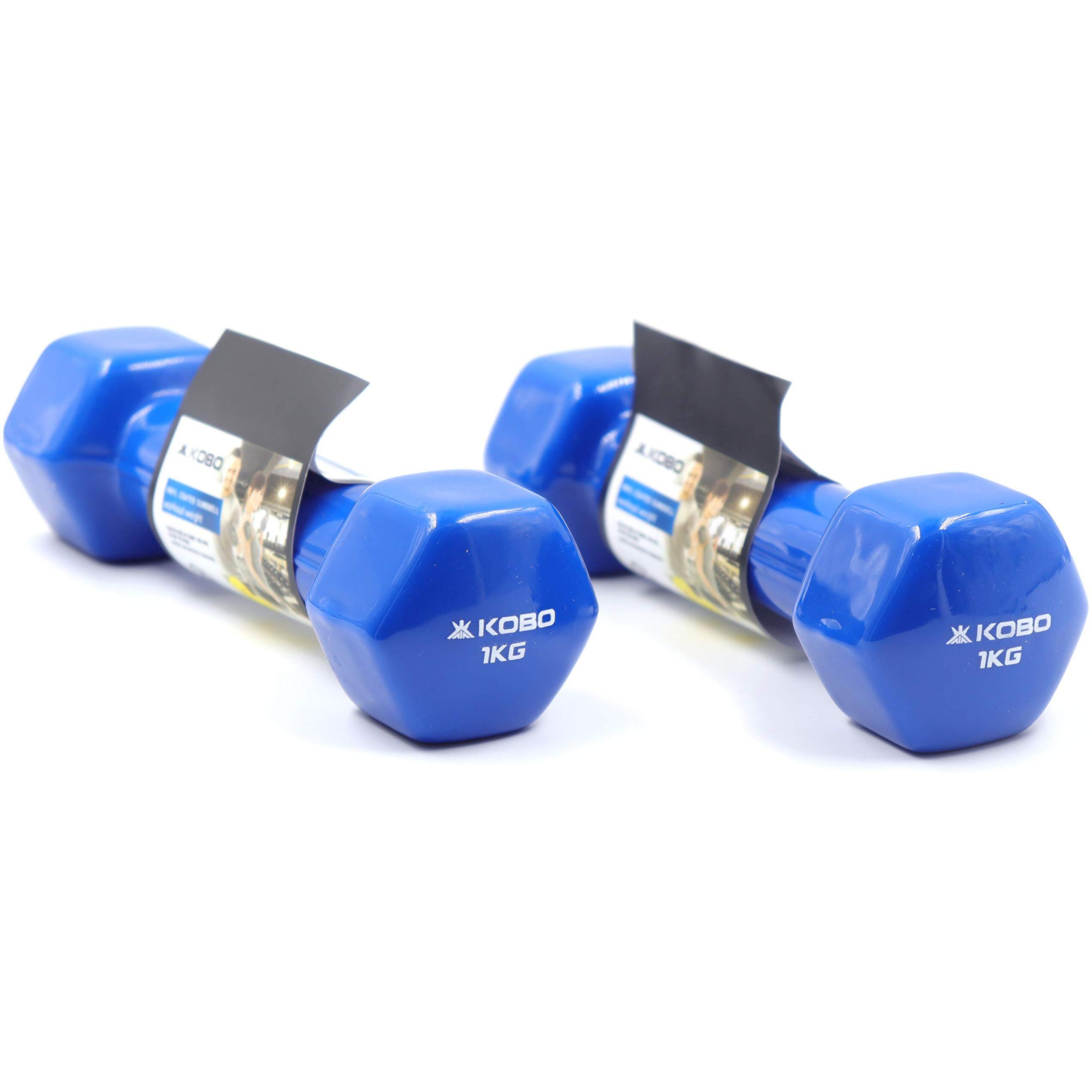 Kobo Vinyl Coated Iron Integrated Dumbbells Grippy Weights All-Purpose Color Coded Dumbbell for Strength Training (1 Kg x 2  2 Kg) (Pair)