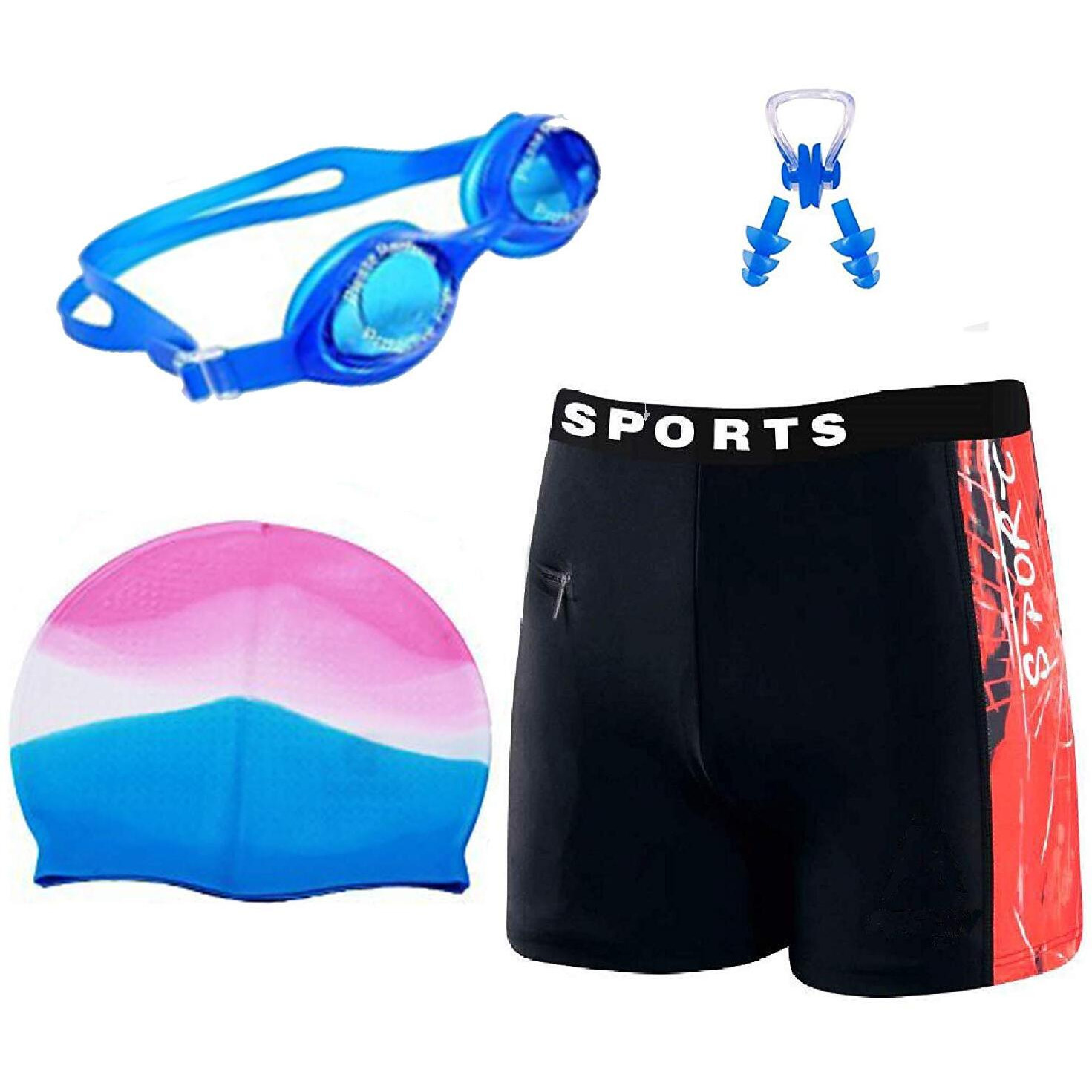 SportsFitt Men s Nylon Regular Fit Swimming Combo Kit, 28in to 34in - Swimming Short, Goggles, Silicone Cap, 2Pc Ear Plugs, 1 Pc Nose Clip, Swimming Suit (Multicolour, Free Size)