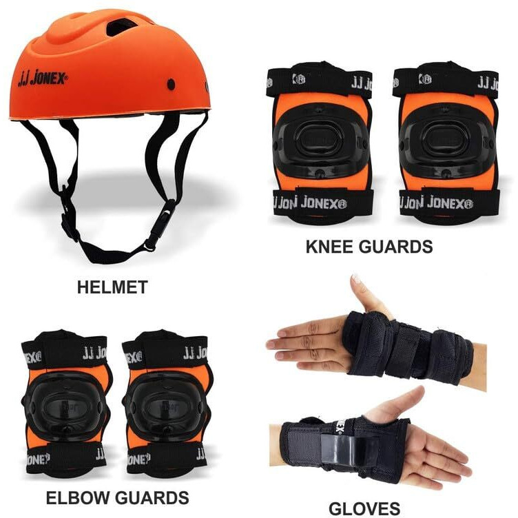 JJ JONEX Protective Set Skating and Cycling for Age 8 to 11 Years Skating Guard Combo (Medium, Orange Full) (MYC)