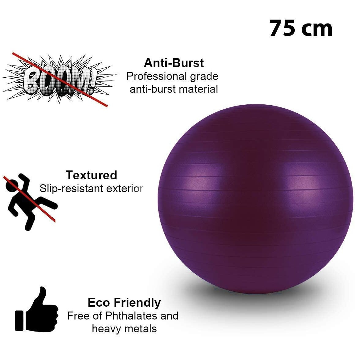 AVMART Anti-Burst Exercise Gym Ball with Pump, Anti-Slip Balance Stability Ball, Heavy Duty Fitness Yoga Ball, Extra Thick Swiss Birthing Ball, Purple (75CM)