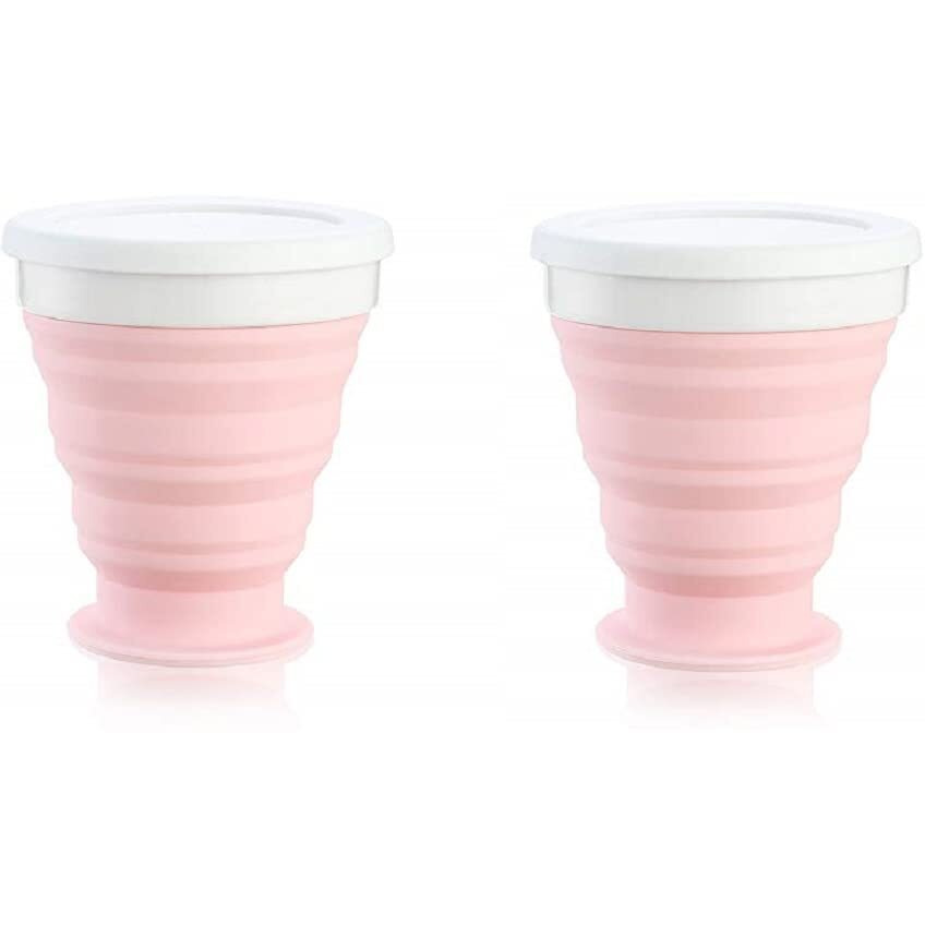 Ramkuwar Silicone Collapsible Travel Water Cup 2 Pack Collapsible Silicone Cup with Lid Expandable Drinking Cup Set Reusable Mug for Camping Hiking Travel Pink