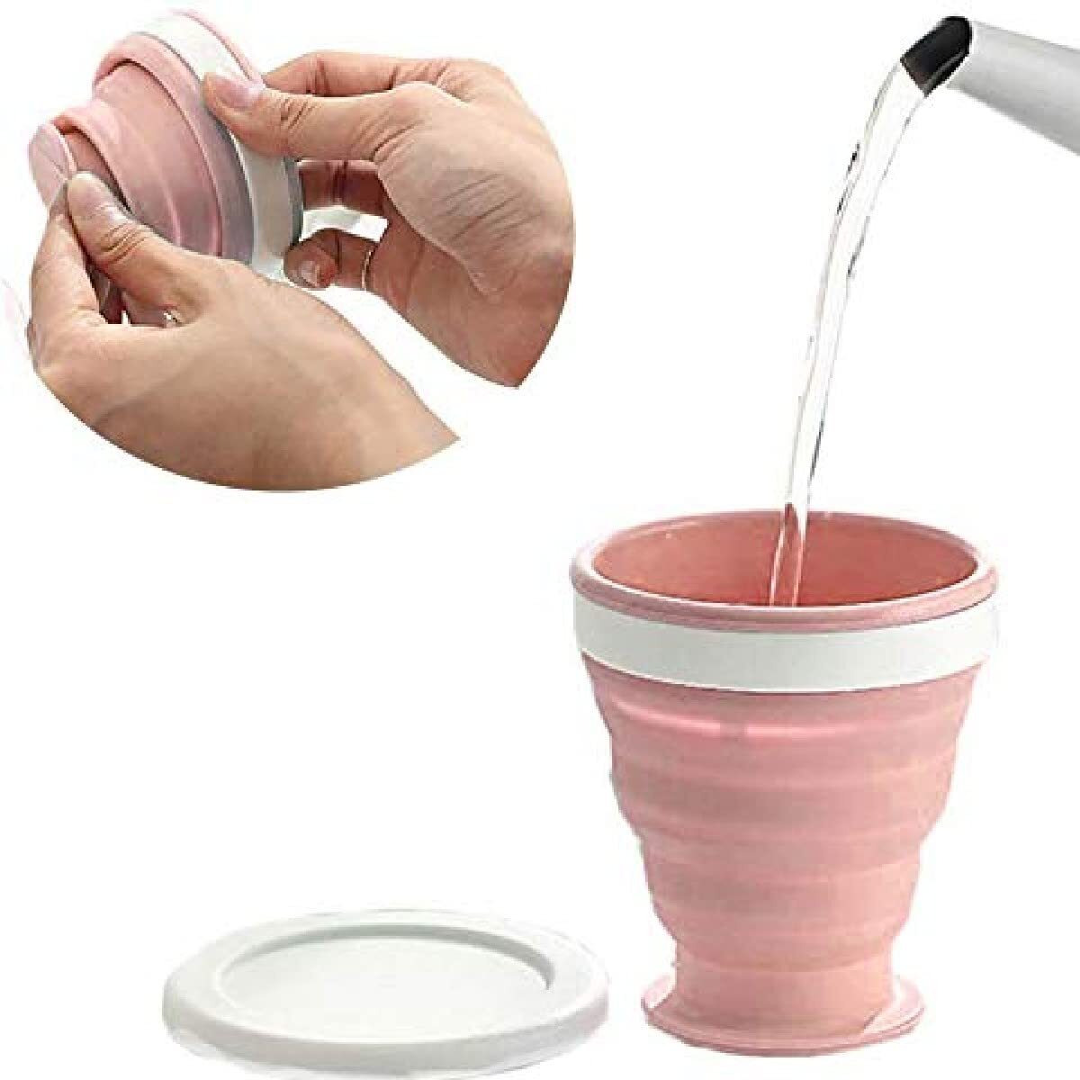Ramkuwar Silicone Collapsible Travel Water Cup 2 Pack Collapsible Silicone Cup with Lid Expandable Drinking Cup Set Reusable Mug for Camping Hiking Travel Pink