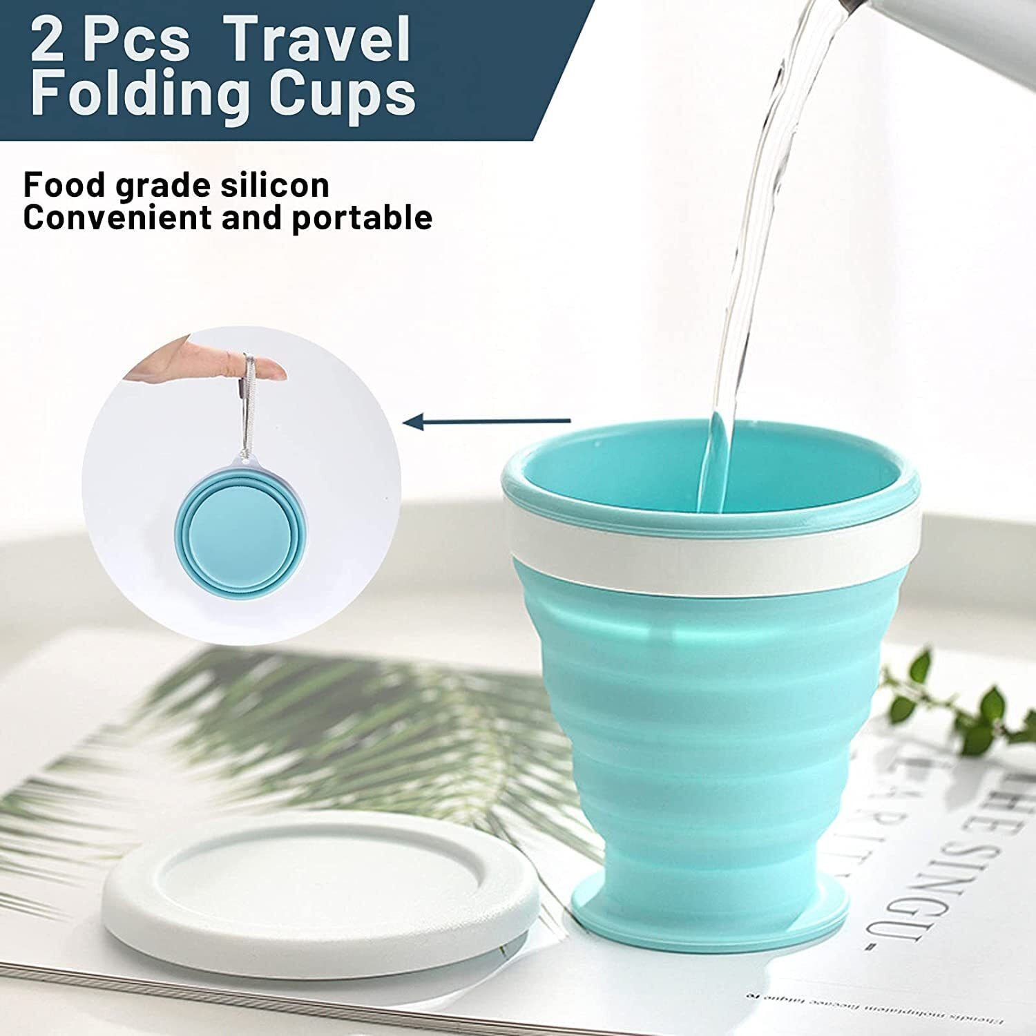 Ramkuwar Collapsible Cups with Lid Silicone Folding Camping Water Cup Set of 2 Expandable Drinking Cup 200ML Portable Foldable Water Cups for Camping Outdoor Hiking Travel Picnic Blue Colour