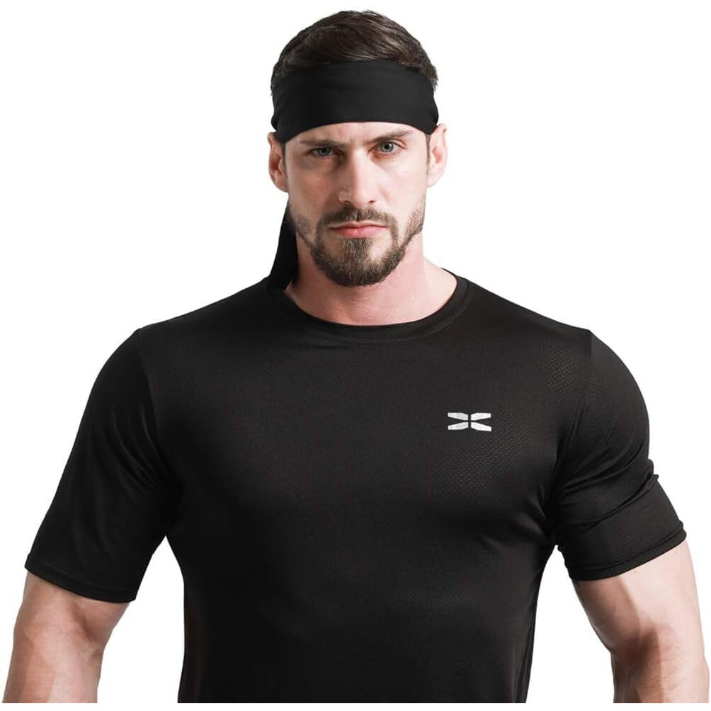 PAROPKAR PAROPKAR Tie Headband Men Women Sweat Wicking Workout Running Sport Headhand Head Band for Cricket Yoga Golf Gym Camping RunningTennis (Black) (Black)