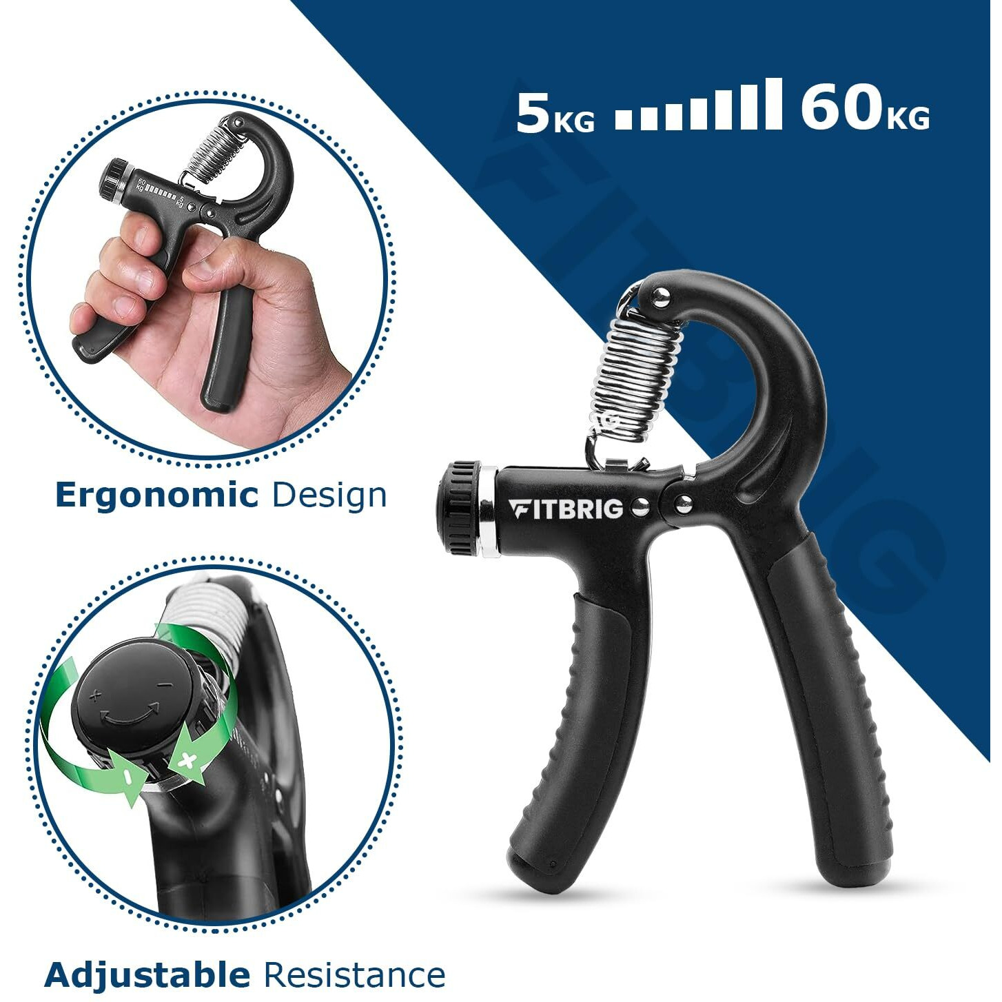 FITBRIG Professional Adjustable Hand Grip Strengthener Home Gym Workout Exercise Equipment Perfect for Finger & Forearm Hand Exercises & Strength Building for Men & Women (Black)
