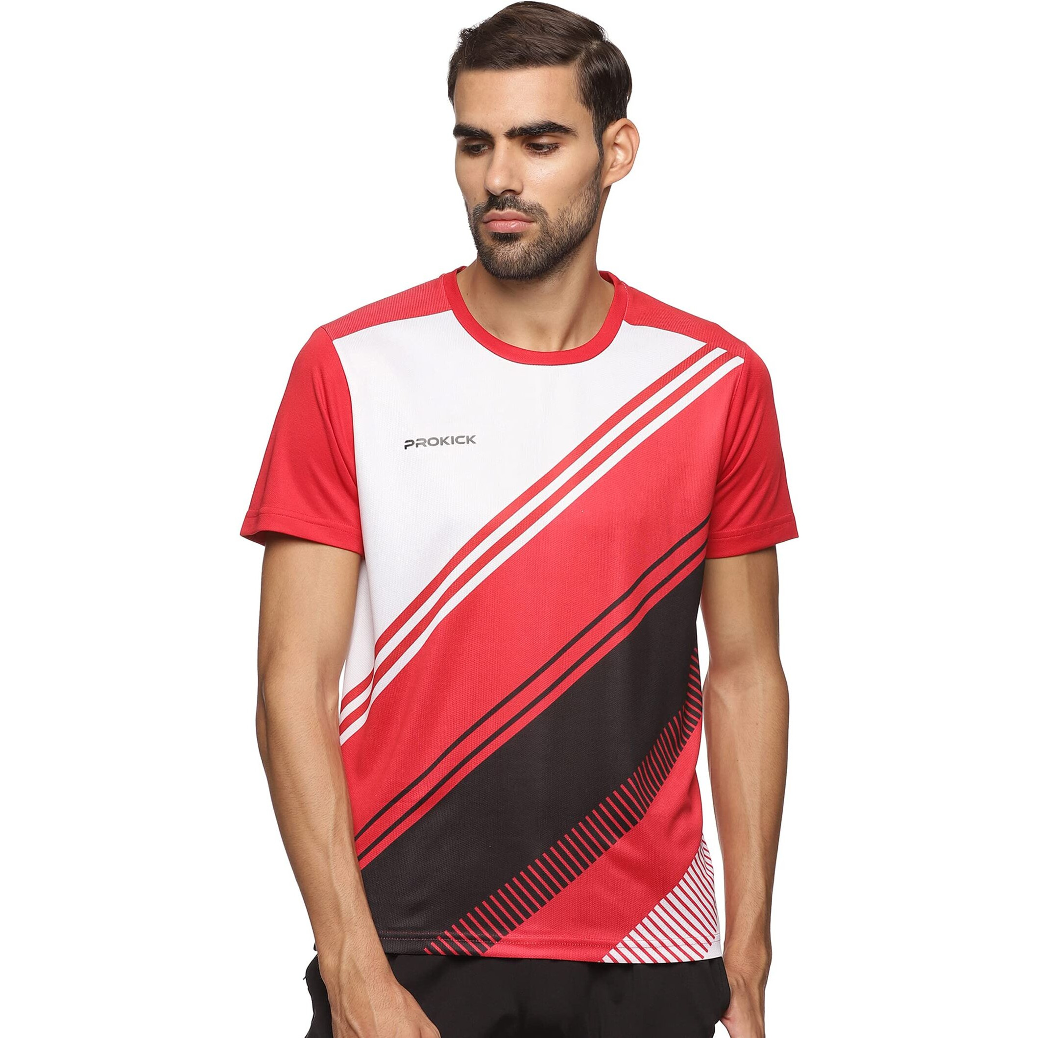 Prokick Regular Fit Round Neck Half Sleeves Tshirt for Men|Activewear T-Shirt Comfort Fit|Light Weight, Moisture Absorption, Sports Tshirt for Badminton,Tennis,Squash,Gym,Everyday Wear (White Red-L)